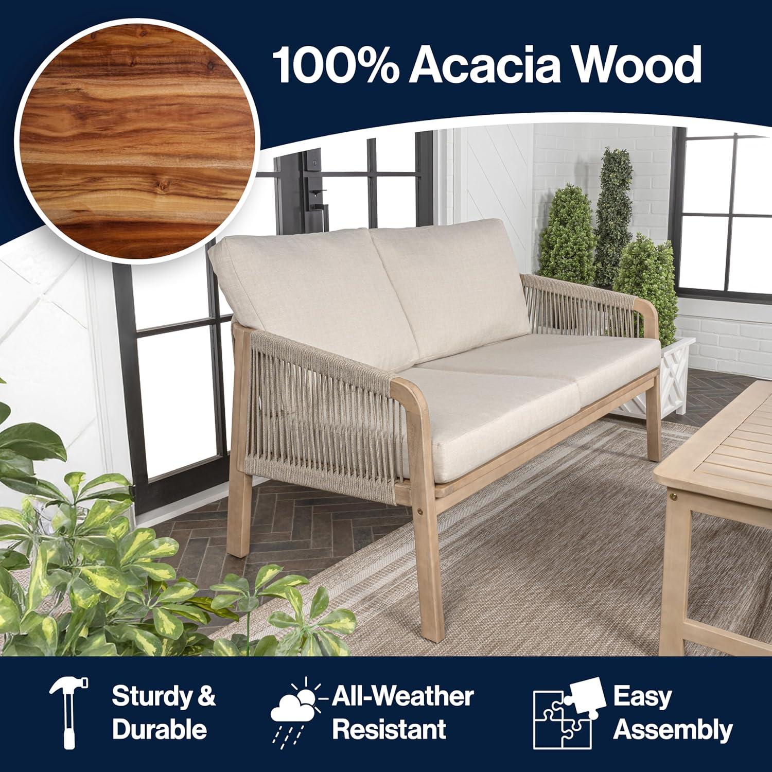 imageJONATHAN Y SFB1001A Arwen Modern Bohemian Roped Acacia Wood Outdoor Loveseat with Cushions Coastal Contemporary Transitional Rustic for Backyard Patio Porch BeigeLight TeakBeigeLight Teak