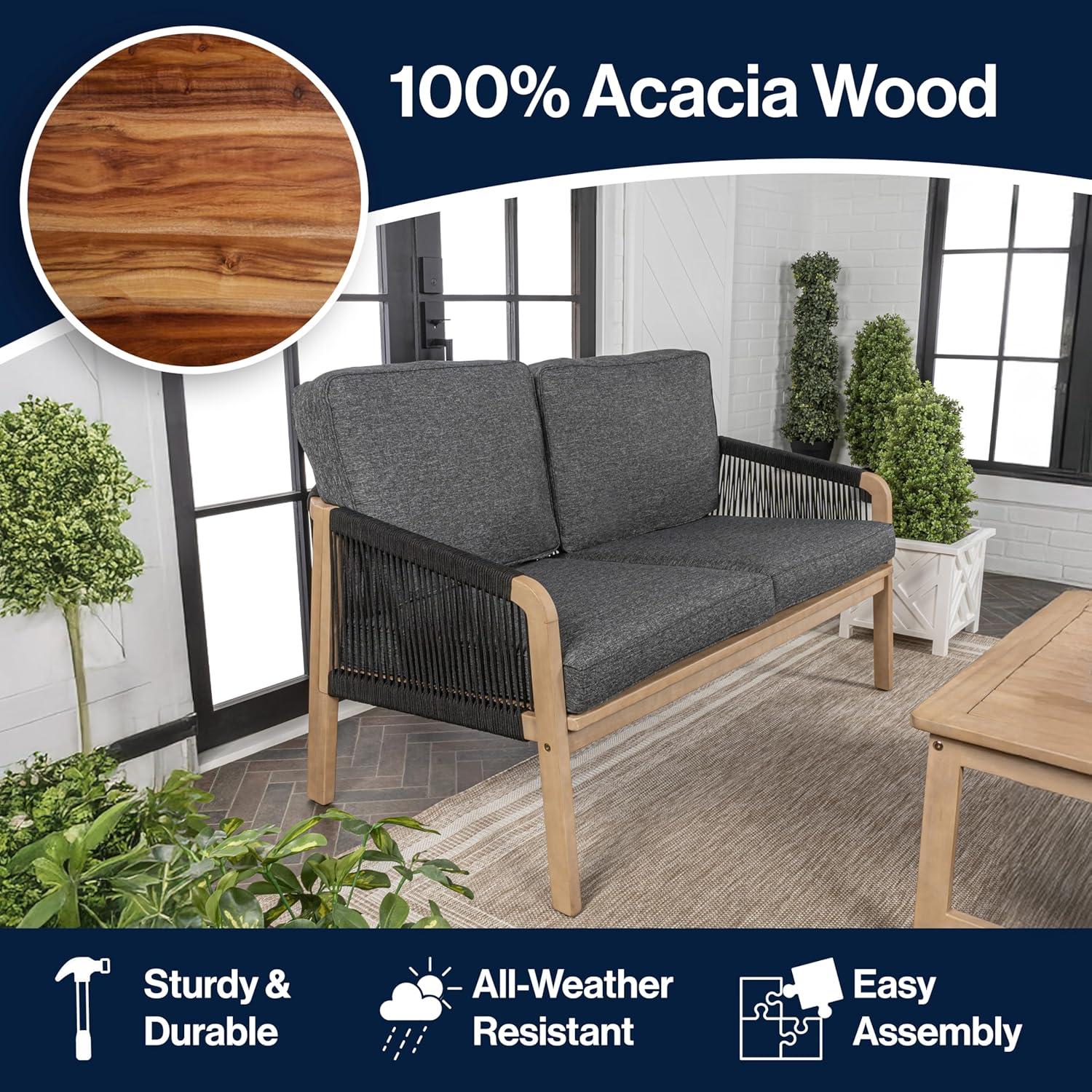 imageJONATHAN Y SFB1001A Arwen Modern Bohemian Roped Acacia Wood Outdoor Loveseat with Cushions Coastal Contemporary Transitional Rustic for Backyard Patio Porch BeigeLight TeakBlackLight Teak