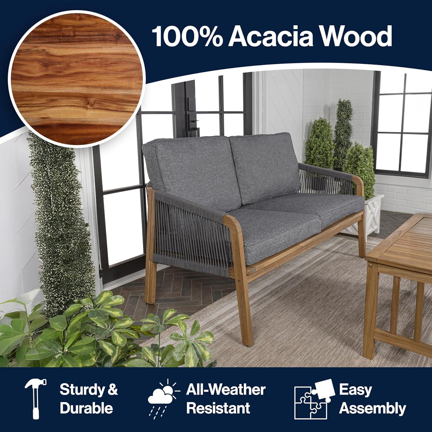imageJONATHAN Y SFB1001A Arwen Modern Bohemian Roped Acacia Wood Outdoor Loveseat with Cushions Coastal Contemporary Transitional Rustic for Backyard Patio Porch BeigeLight TeakGrayTeak Brown