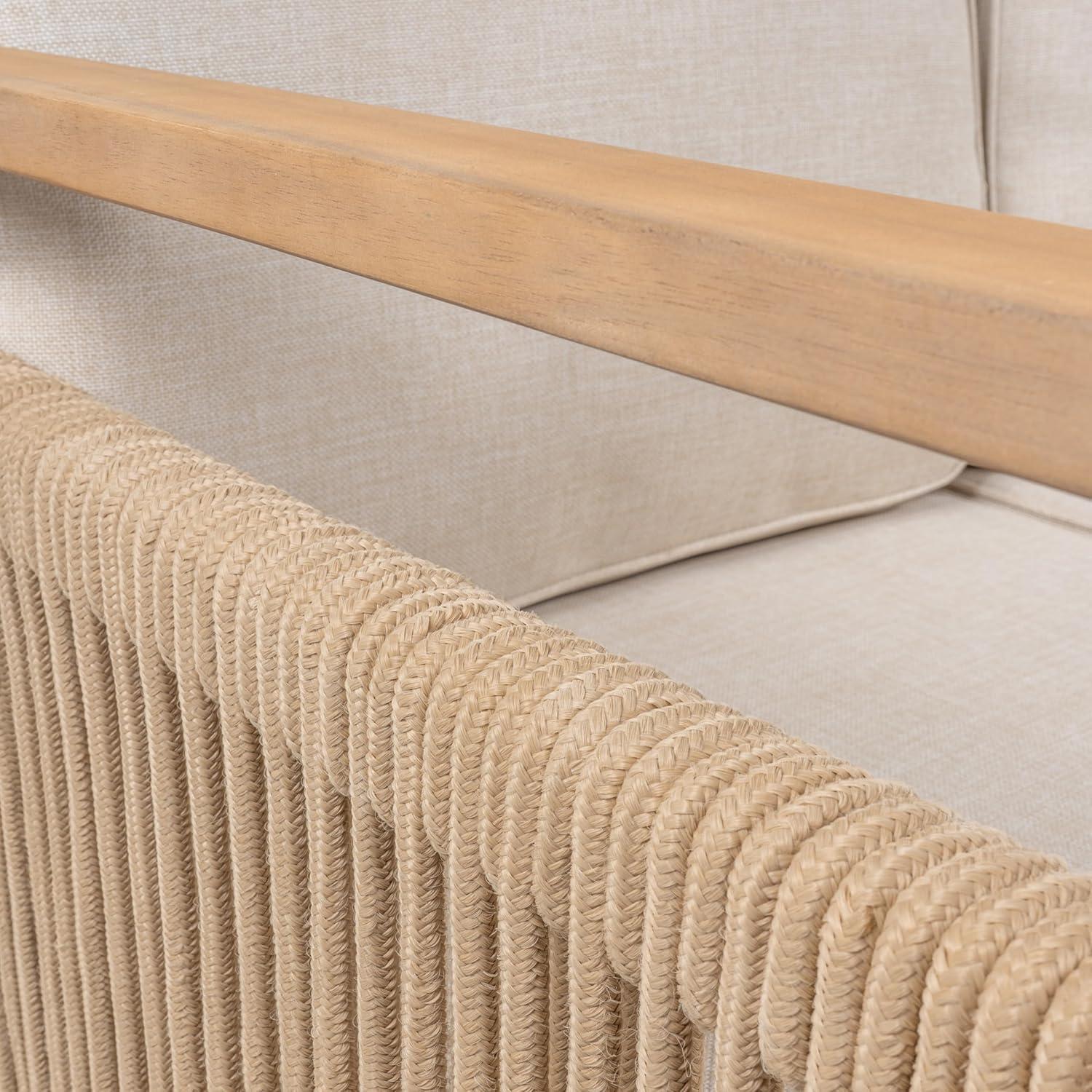 imageJONATHAN Y SFB1002A Gable 3Seat MidCentury Modern Roped Acacia Wood Outdoor Sofa with Cushions Scandinavian Classic Transitional Industrial for Backyard Patio Porch BeigeLight TeakBeigeLight Teak