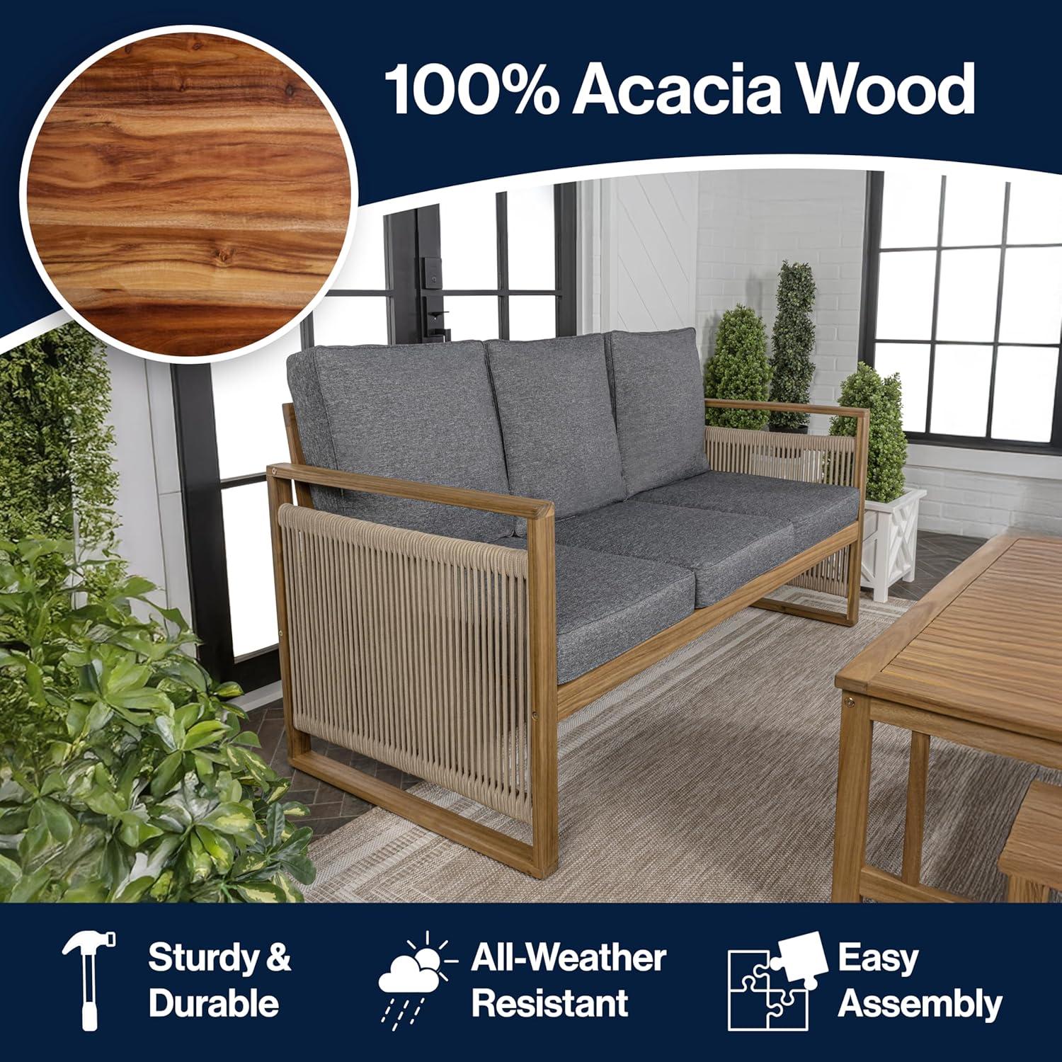 imageJONATHAN Y SFB1002A Gable 3Seat MidCentury Modern Roped Acacia Wood Outdoor Sofa with Cushions Scandinavian Classic Transitional Industrial for Backyard Patio Porch BeigeLight TeakGrayTeak Brown