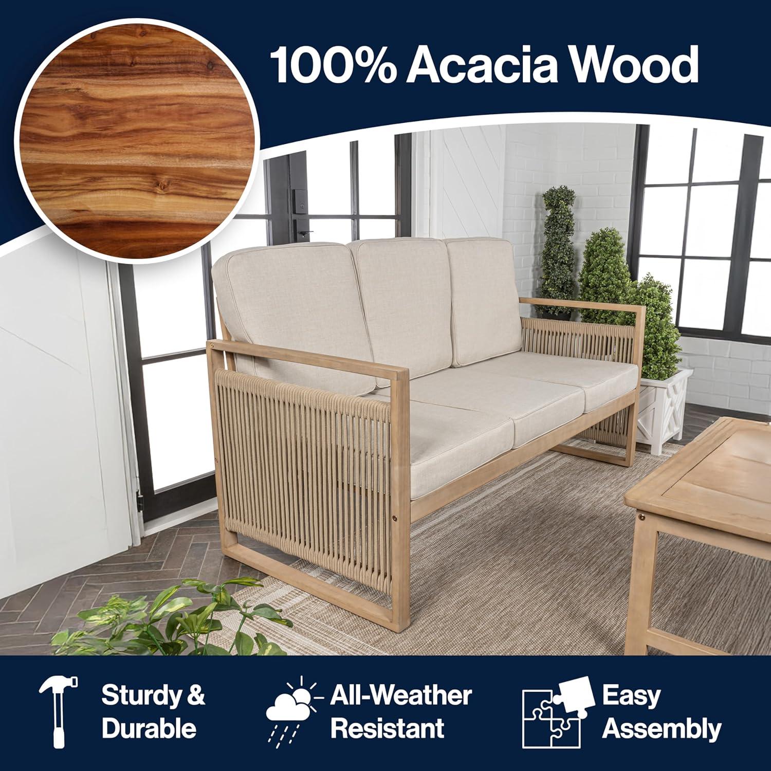imageJONATHAN Y SFB1002A Gable 3Seat MidCentury Modern Roped Acacia Wood Outdoor Sofa with Cushions Scandinavian Classic Transitional Industrial for Backyard Patio Porch BeigeLight TeakBeigeLight Teak