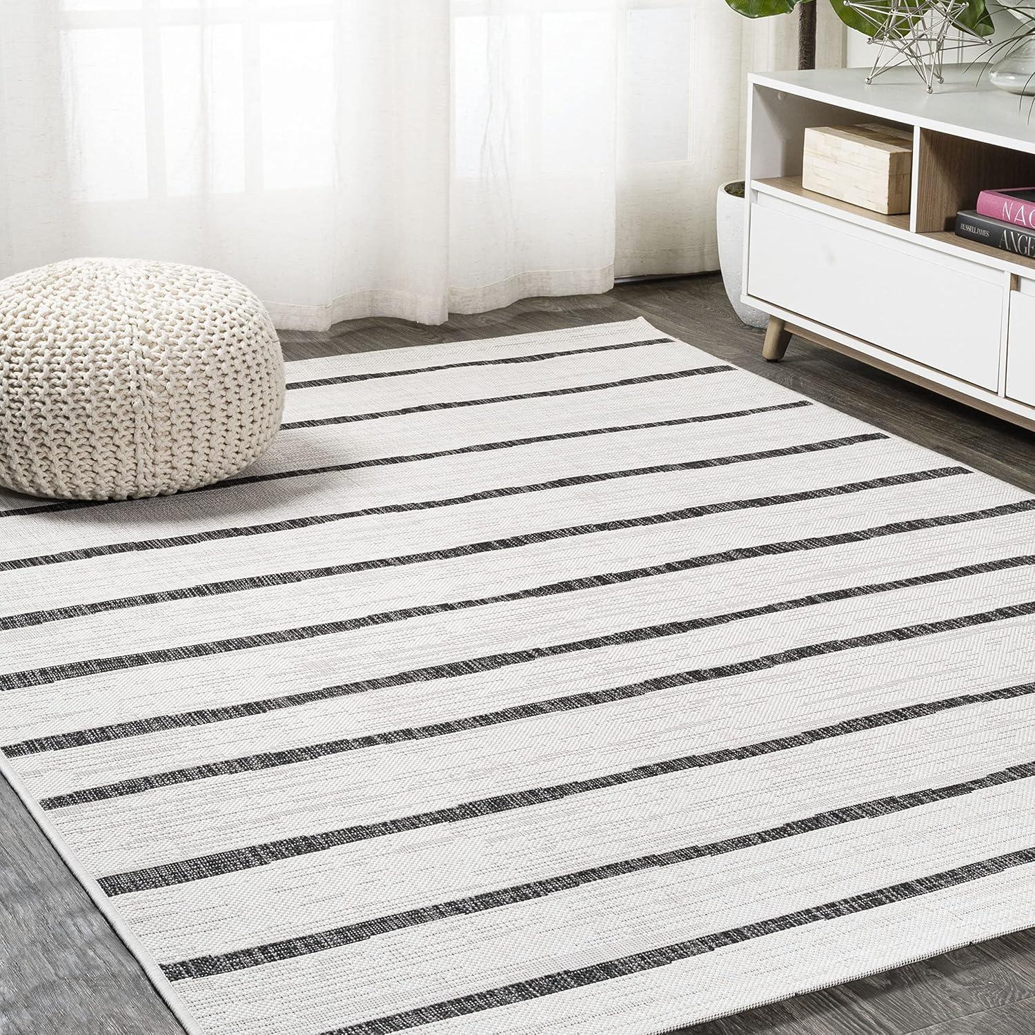 imageJONATHAN Y SMB125D8 Colonia Berber Stripe IndoorOutdoor 8 ft x 10 ft Area Rug Contemporary Bohemian Minimalistic Rustic Pet Friendly Stain Resistant Bedroom Backyard Patio IvoryBlack