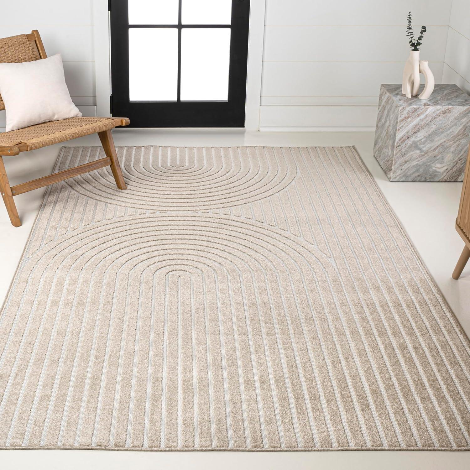 imageJONATHAN Y Sofia HighLow Stripe TwoTone BeigeCream 8x10 IndoorOutdoor Area Rug MidCentury Modern Arch for Patio Backyard Living Room Bedroom Office HoseWashable SCN109B8BeigeCream