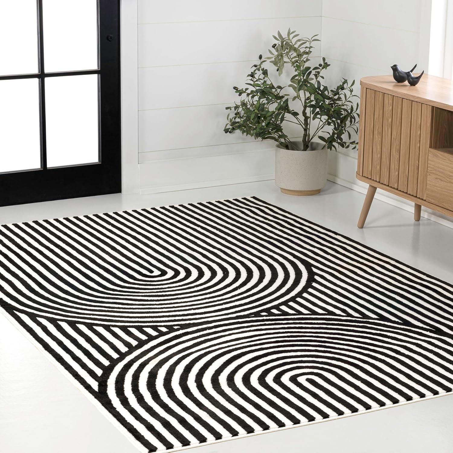 imageJONATHAN Y Sofia HighLow Stripe TwoTone BeigeCream 8x10 IndoorOutdoor Area Rug MidCentury Modern Arch for Patio Backyard Living Room Bedroom Office HoseWashable SCN109B8BlackWhite