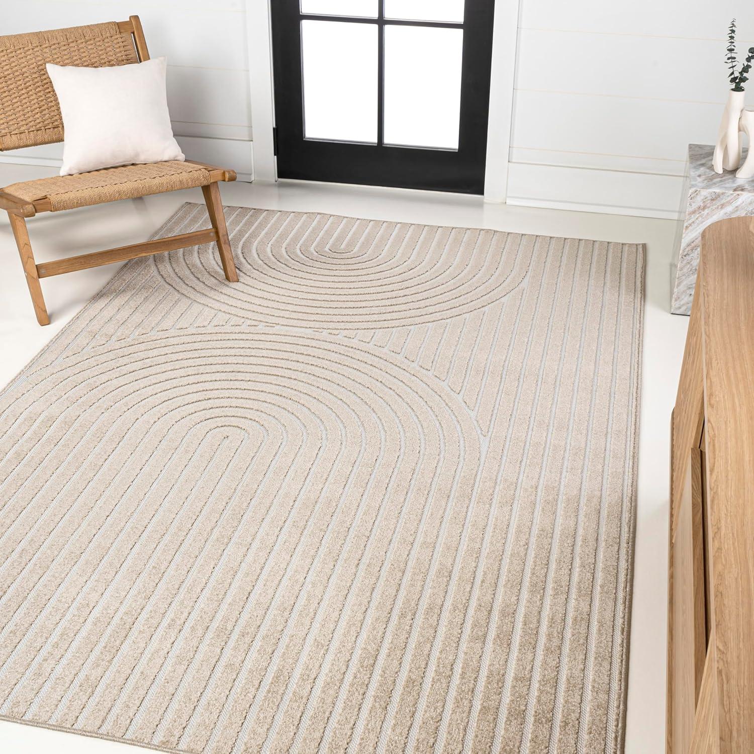 imageJONATHAN Y Sofia HighLow Stripe TwoTone BeigeCream 8x10 IndoorOutdoor Area Rug MidCentury Modern Arch for Patio Backyard Living Room Bedroom Office HoseWashable SCN109B8BeigeCream