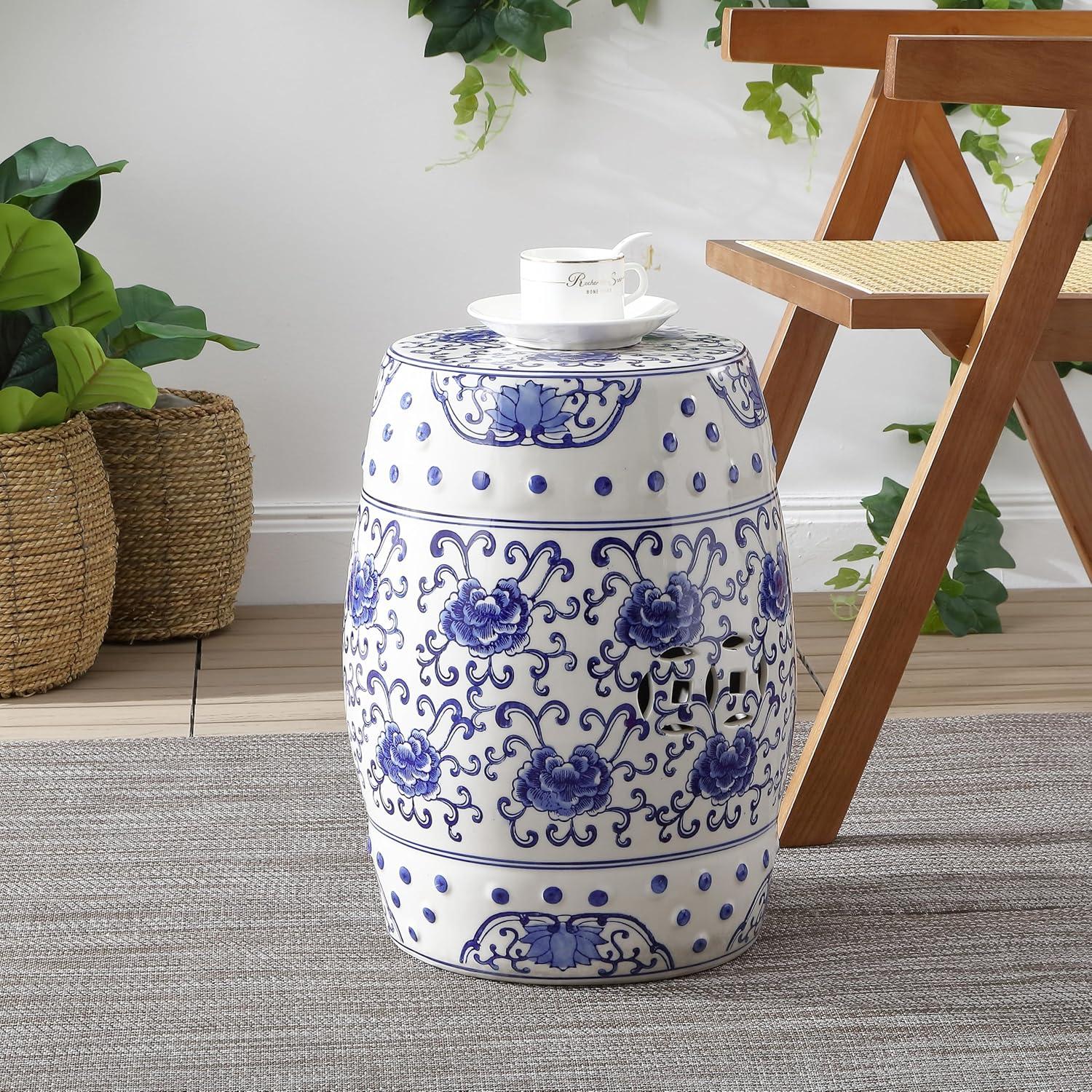 imageJONATHAN Y TBL1000A Lotus Flower 178quot Chinoiserie Ceramic Drum IndoorOutdoor Garden Stool Bohemian Coastal Classic Cottage French Country Traditional Bathroom Garden Room Patio BlueWhite