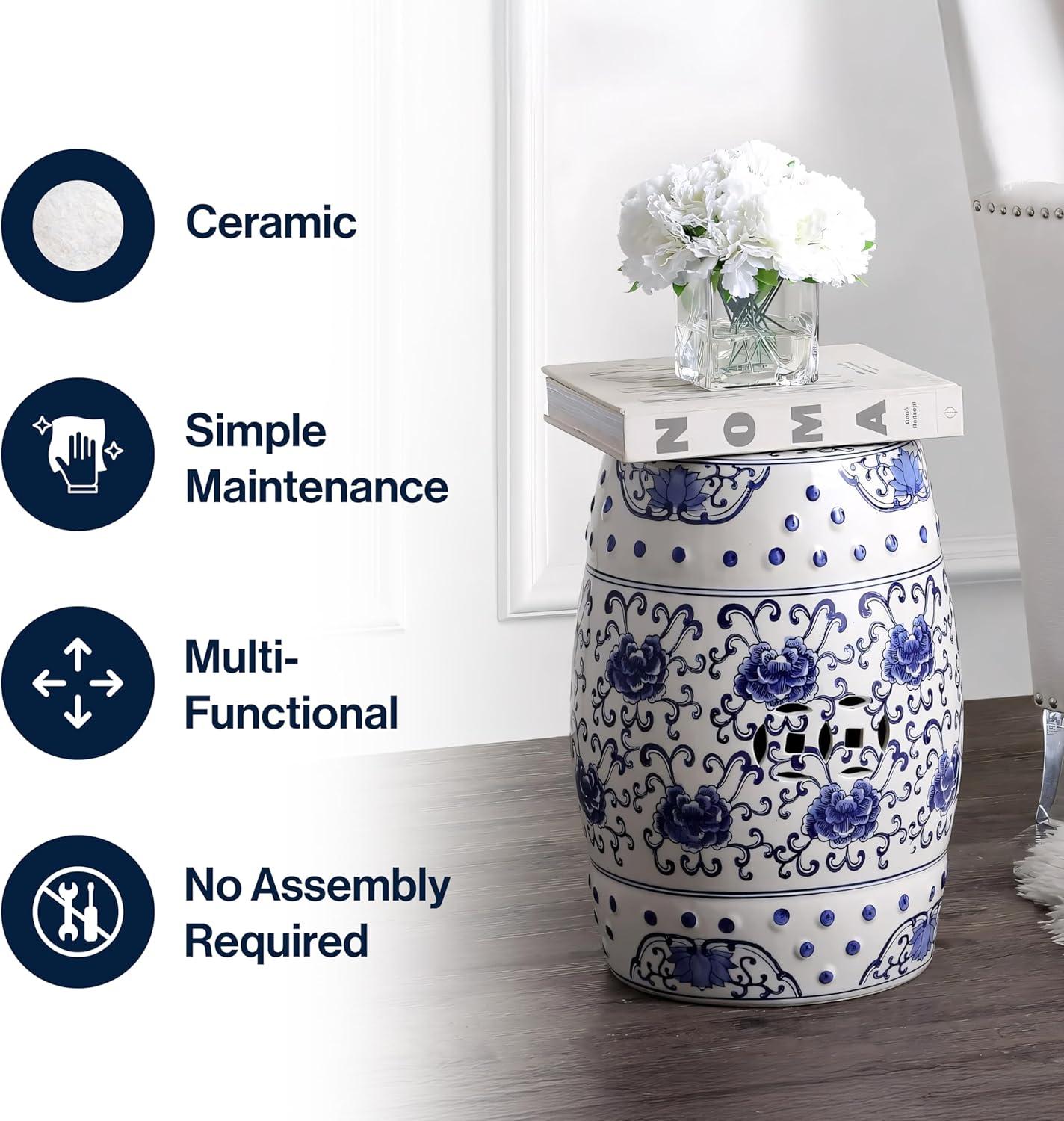 imageJONATHAN Y TBL1000A Lotus Flower 178quot Chinoiserie Ceramic Drum IndoorOutdoor Garden Stool Bohemian Coastal Classic Cottage French Country Traditional Bathroom Garden Room Patio BlueWhite