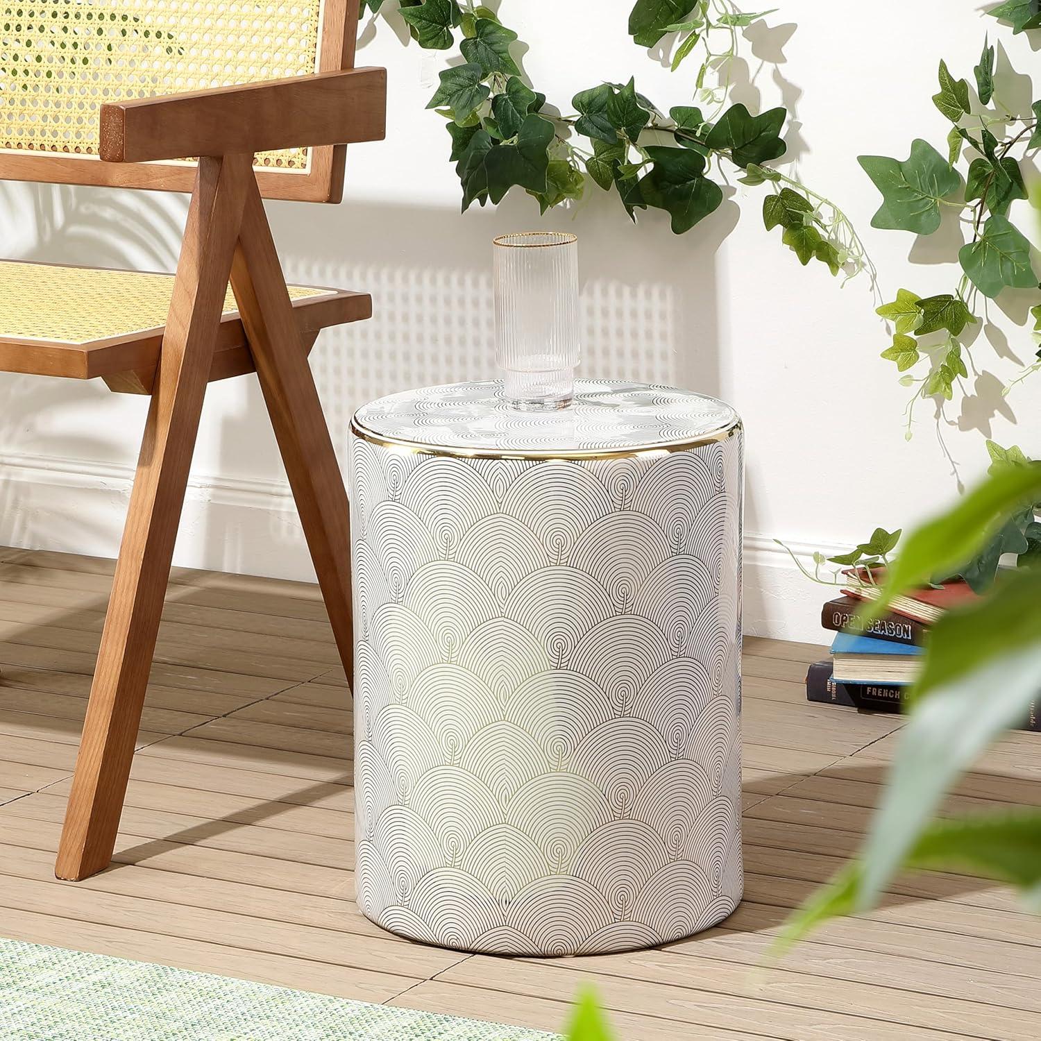 imageJONATHAN Y TBL1001A Fish Scale 17quot Modern Ceramic IndoorOutdoor Garden Stool Coastal Contemporary Transitional Side Table Plant Stand SpillProof Living Room Garden Room Patio WhiteGold
