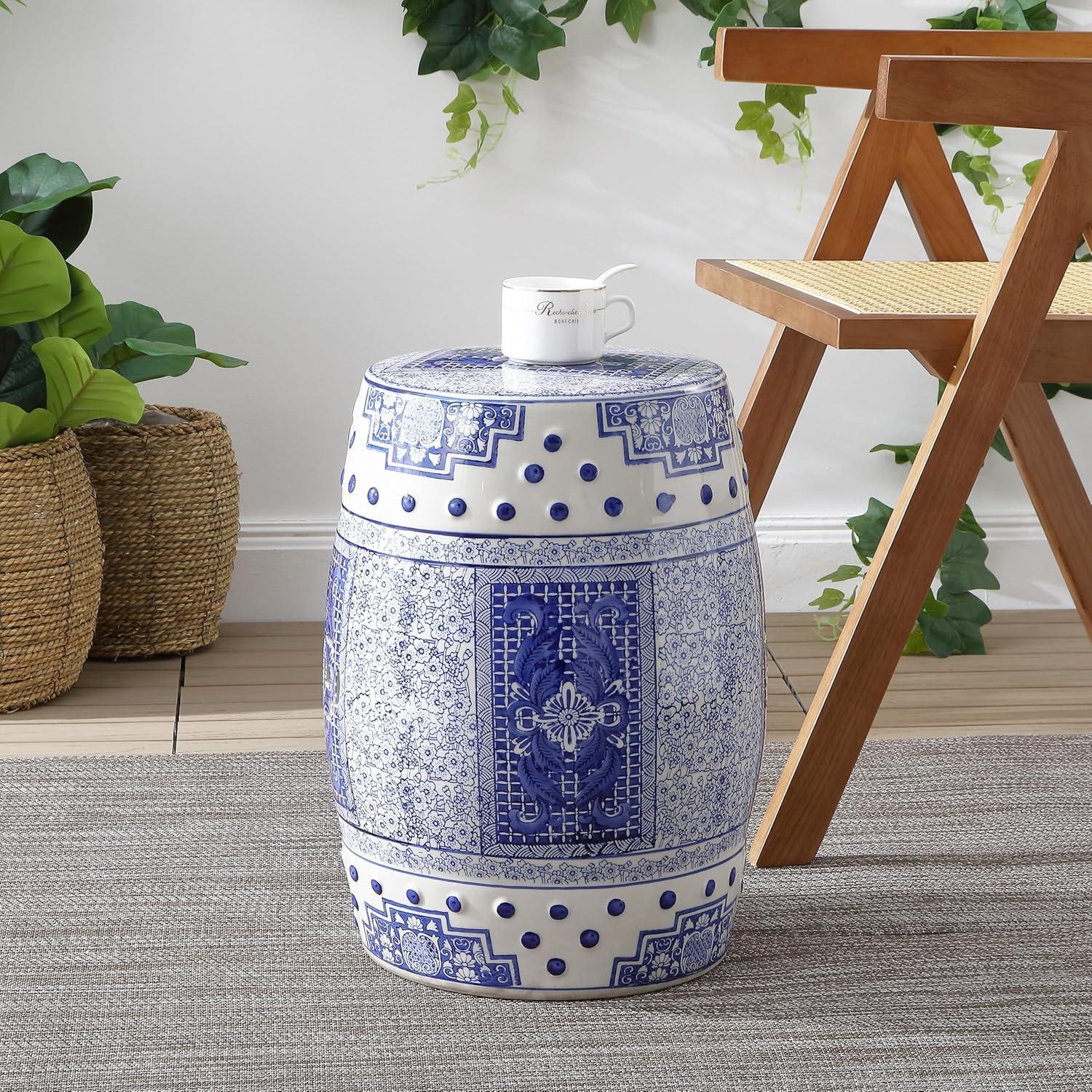 imageJONATHAN Y TBL1003A Acanthus 178quot Chinoiserie Ceramic Drum IndoorOutdoor Garden Stool Bohemian Coastal Classic Cottage French Country Traditional Living Room Garden Room Patio BlueWhite