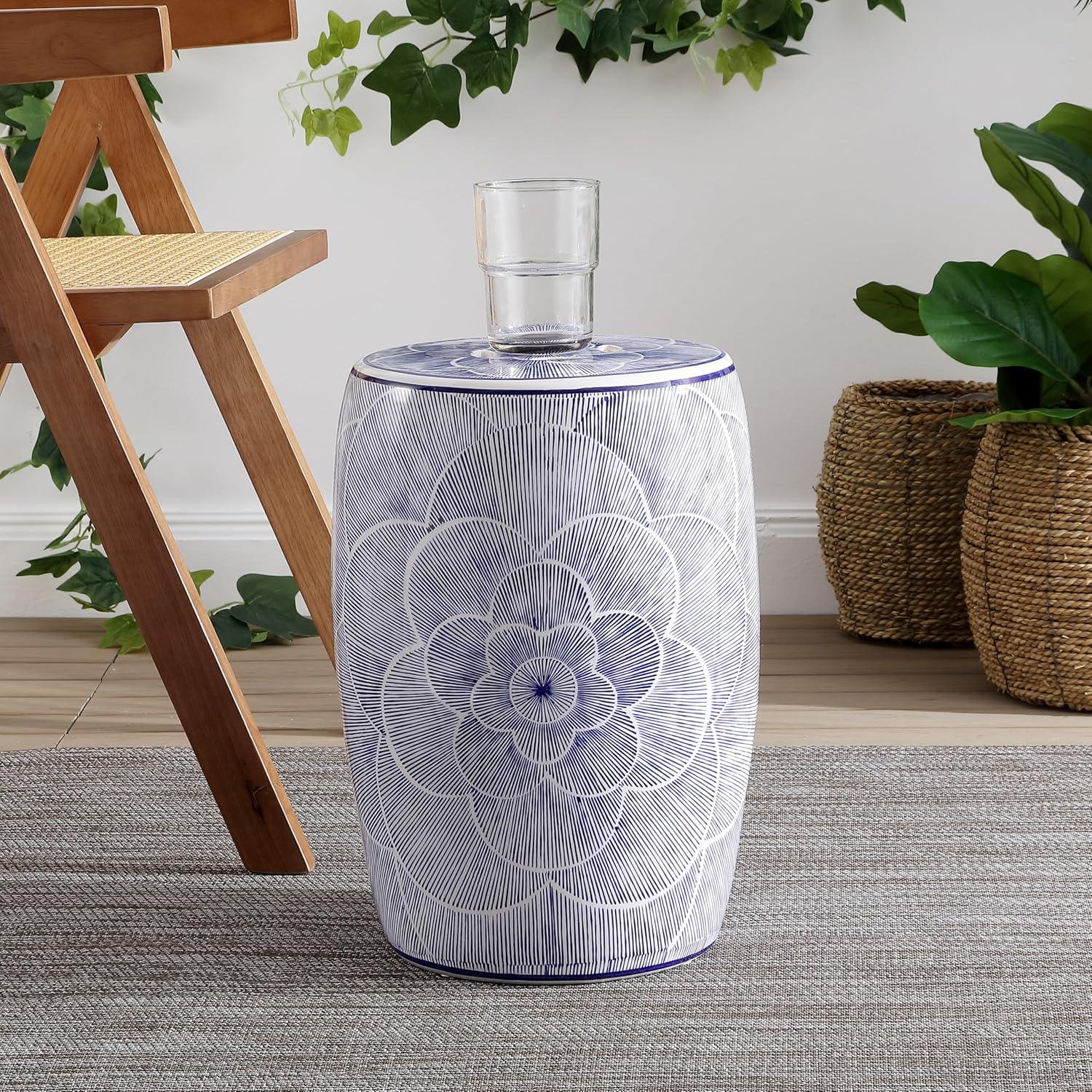 imageJONATHAN Y TBL1005A Camellia 17quot Ceramic Drum IndoorOutdoor Garden Stool Stylized Flower on White Background Coastal Contemporary Modern SpillProof Living Room Garden Room Patio Blue