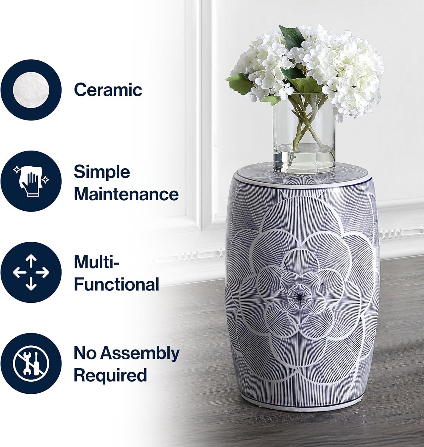 imageJONATHAN Y TBL1005A Camellia 17quot Ceramic Drum IndoorOutdoor Garden Stool Stylized Flower on White Background Coastal Contemporary Modern SpillProof Living Room Garden Room Patio Blue