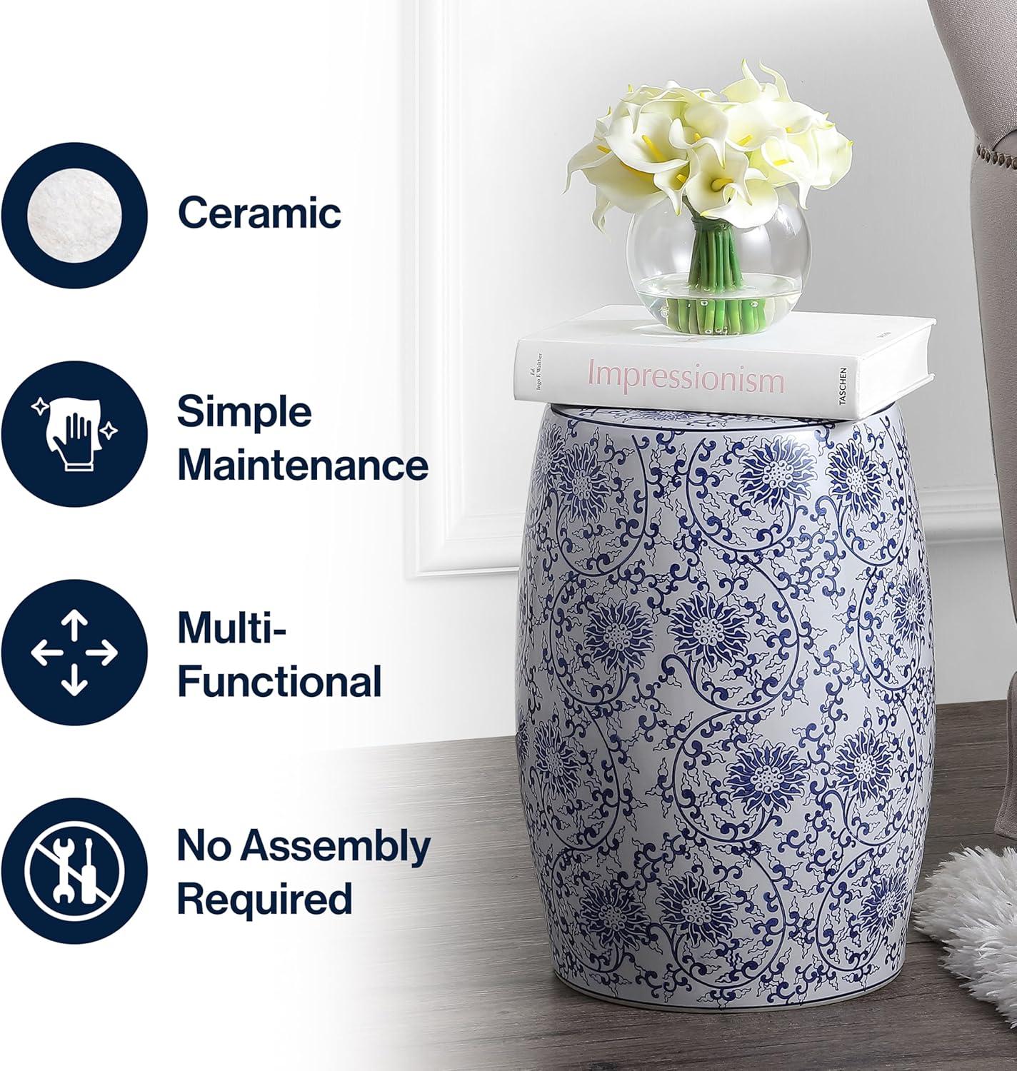 imageJONATHAN Y TBL1009A Lotus Blossom 175quot Chinoiserie Ceramic Drum IndoorOutdoor Garden Stool Bohemian Coastal Classic Cottage French Country Traditional Bathroom Garden Room Patio BlueWhiteGarden Stool