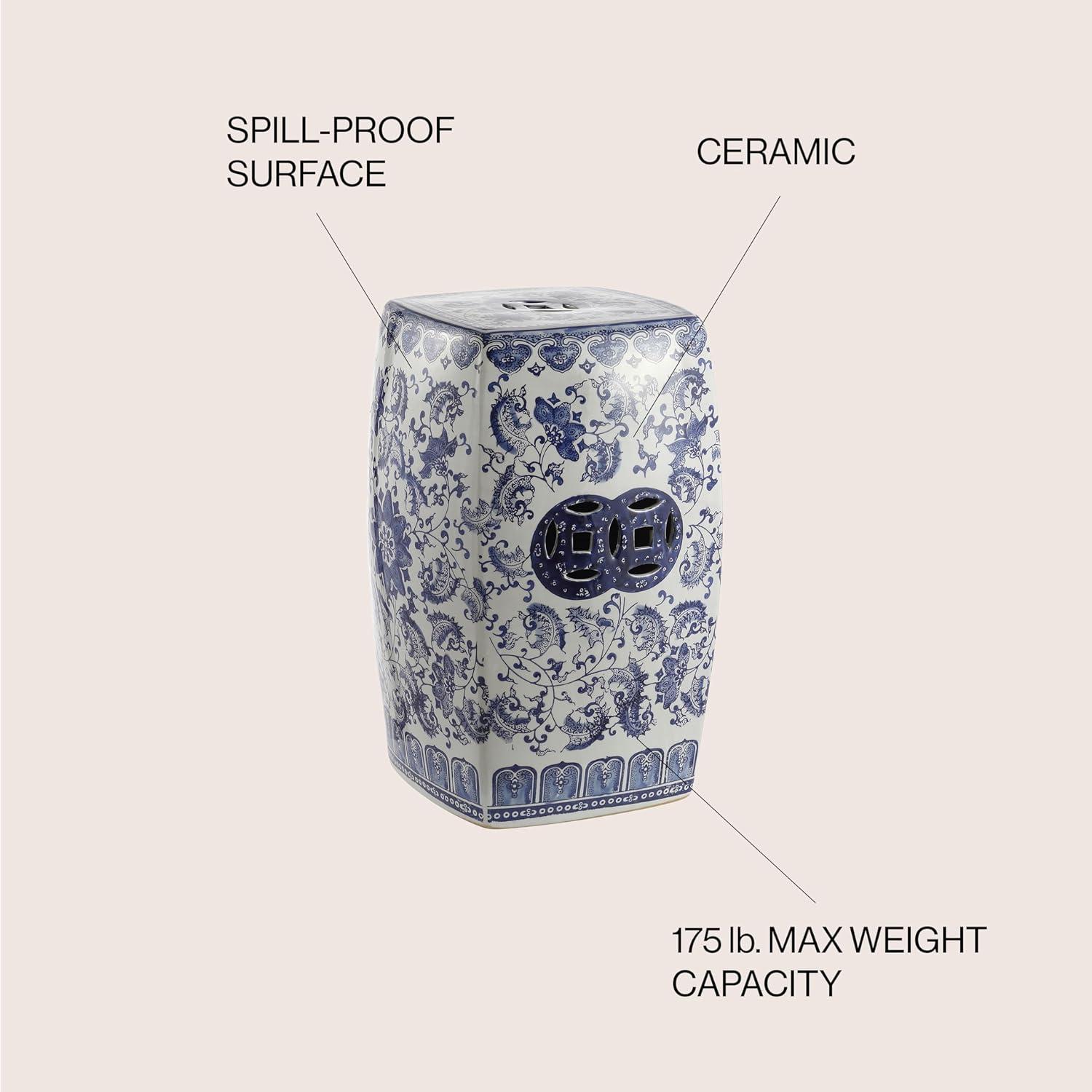 imageJONATHAN Y TBL1011A Floral Vine 185quot Chinoiserie Ceramice Square IndoorOutdoor Garden Stool Bohemian Coastal Classic Cottage French Country Traditional Bathroom Garden Room Patio BlueWhite