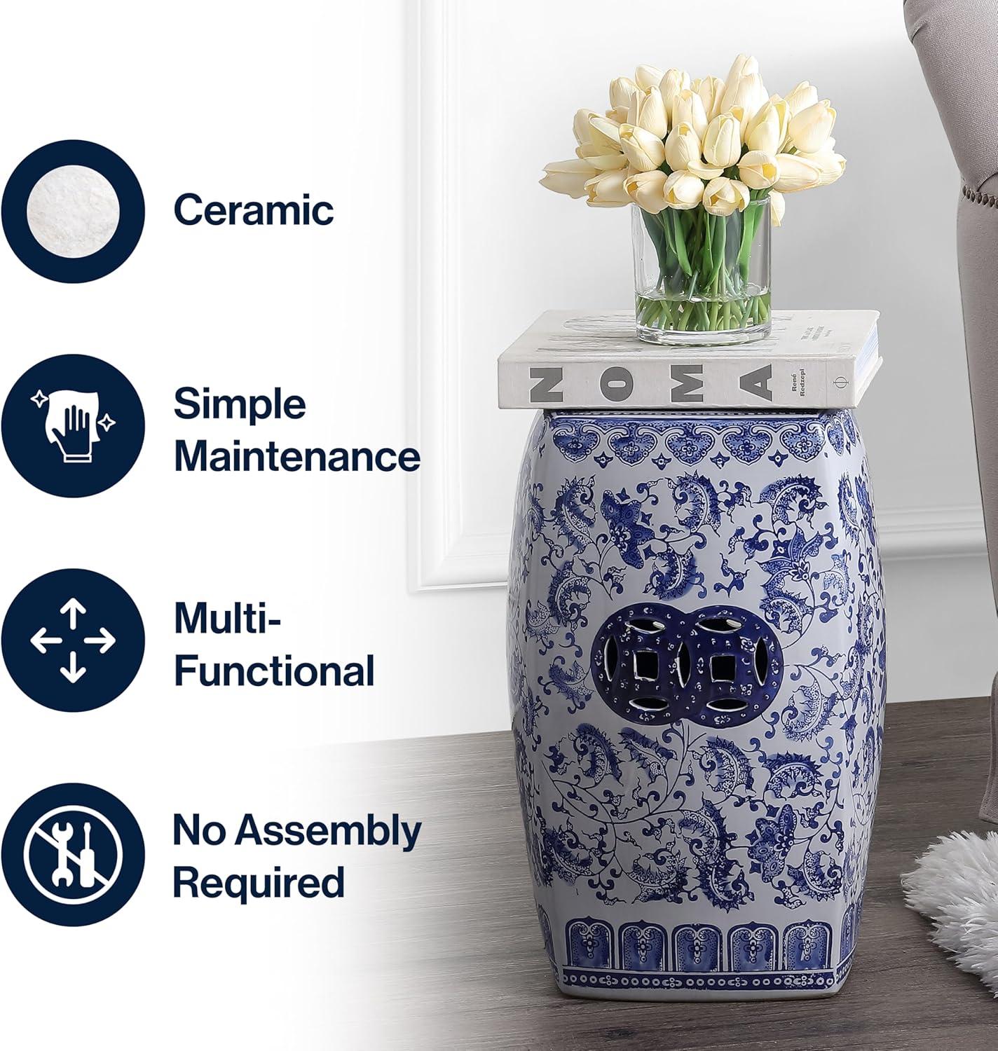 imageJONATHAN Y TBL1011A Floral Vine 185quot Chinoiserie Ceramice Square IndoorOutdoor Garden Stool Bohemian Coastal Classic Cottage French Country Traditional Bathroom Garden Room Patio BlueWhite
