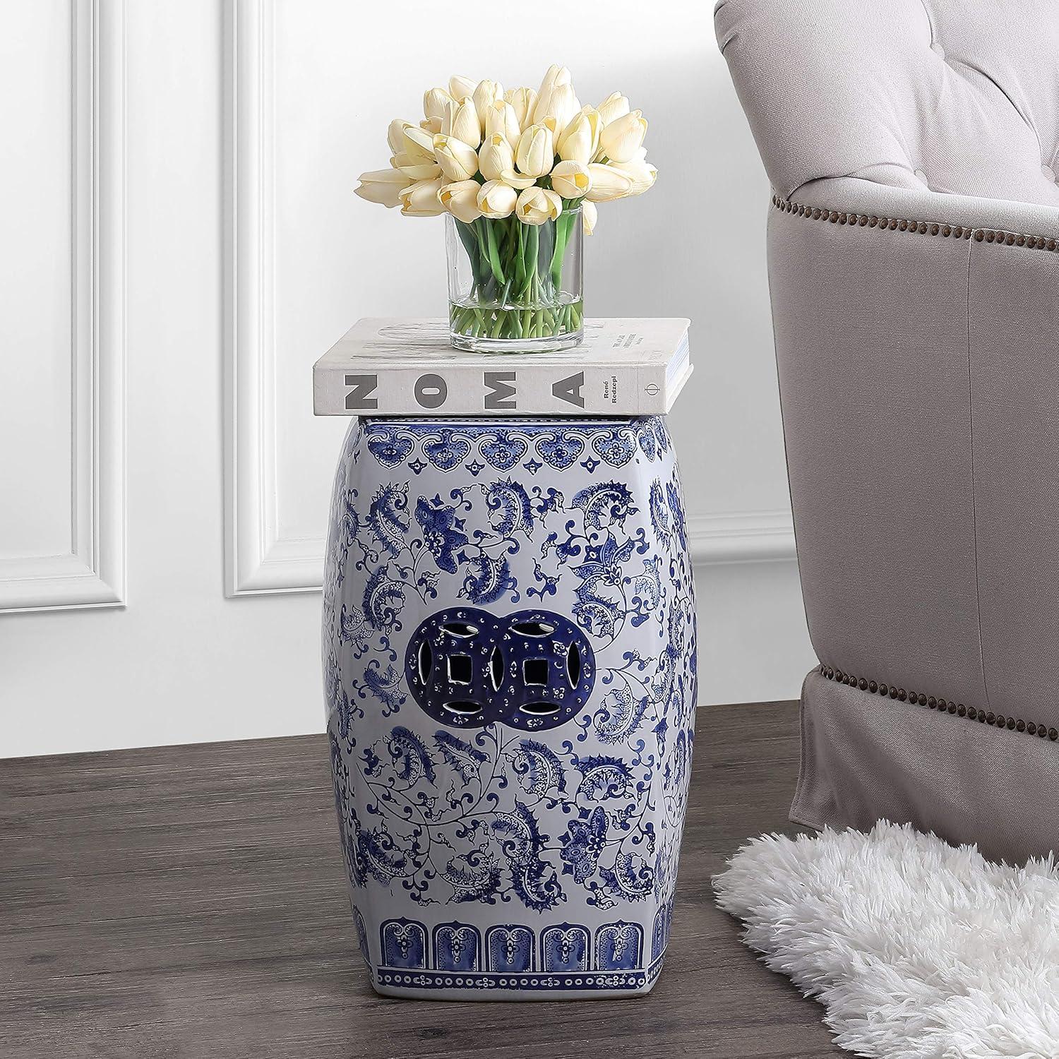 imageJONATHAN Y TBL1011A Floral Vine 185quot Chinoiserie Ceramice Square IndoorOutdoor Garden Stool Bohemian Coastal Classic Cottage French Country Traditional Bathroom Garden Room Patio BlueWhite