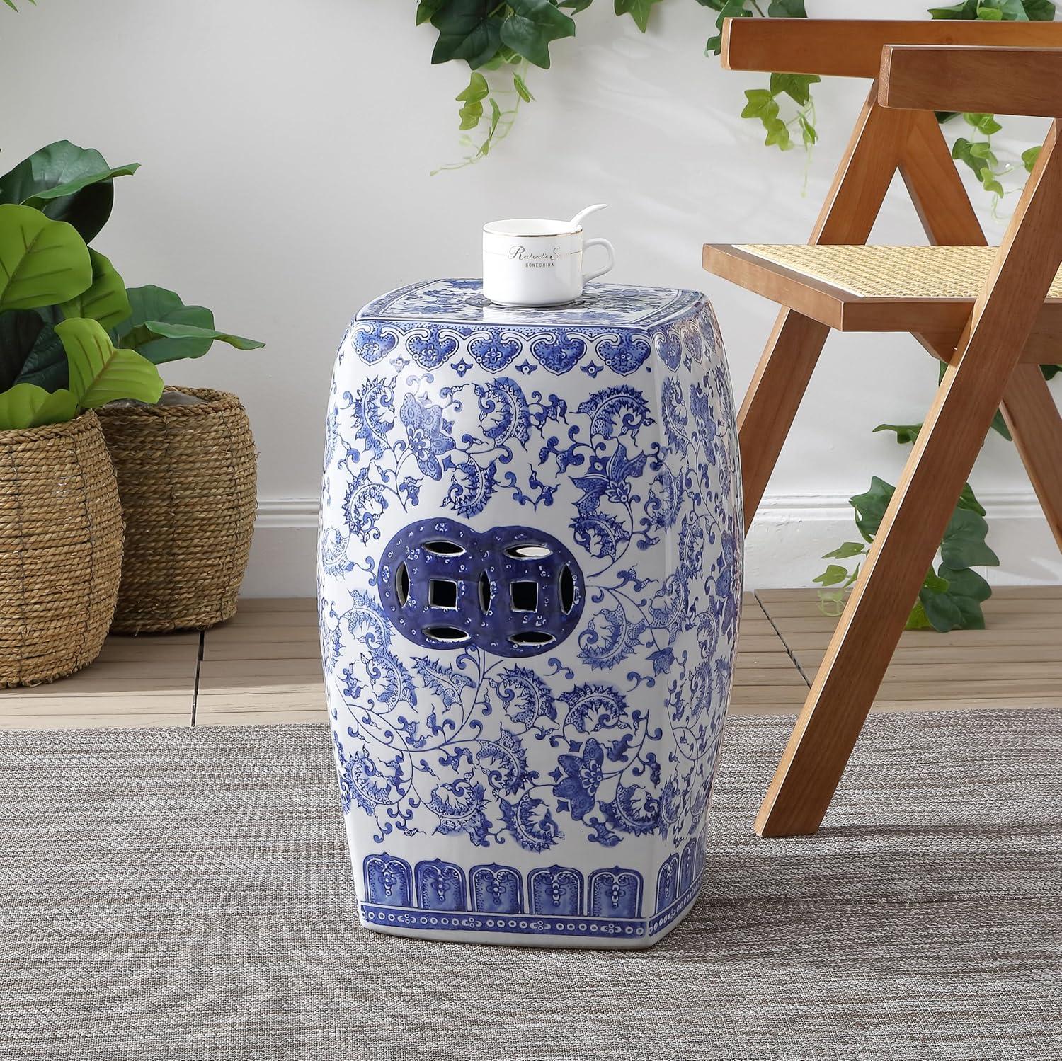 imageJONATHAN Y TBL1011A Floral Vine 185quot Chinoiserie Ceramice Square IndoorOutdoor Garden Stool Bohemian Coastal Classic Cottage French Country Traditional Bathroom Garden Room Patio BlueWhite