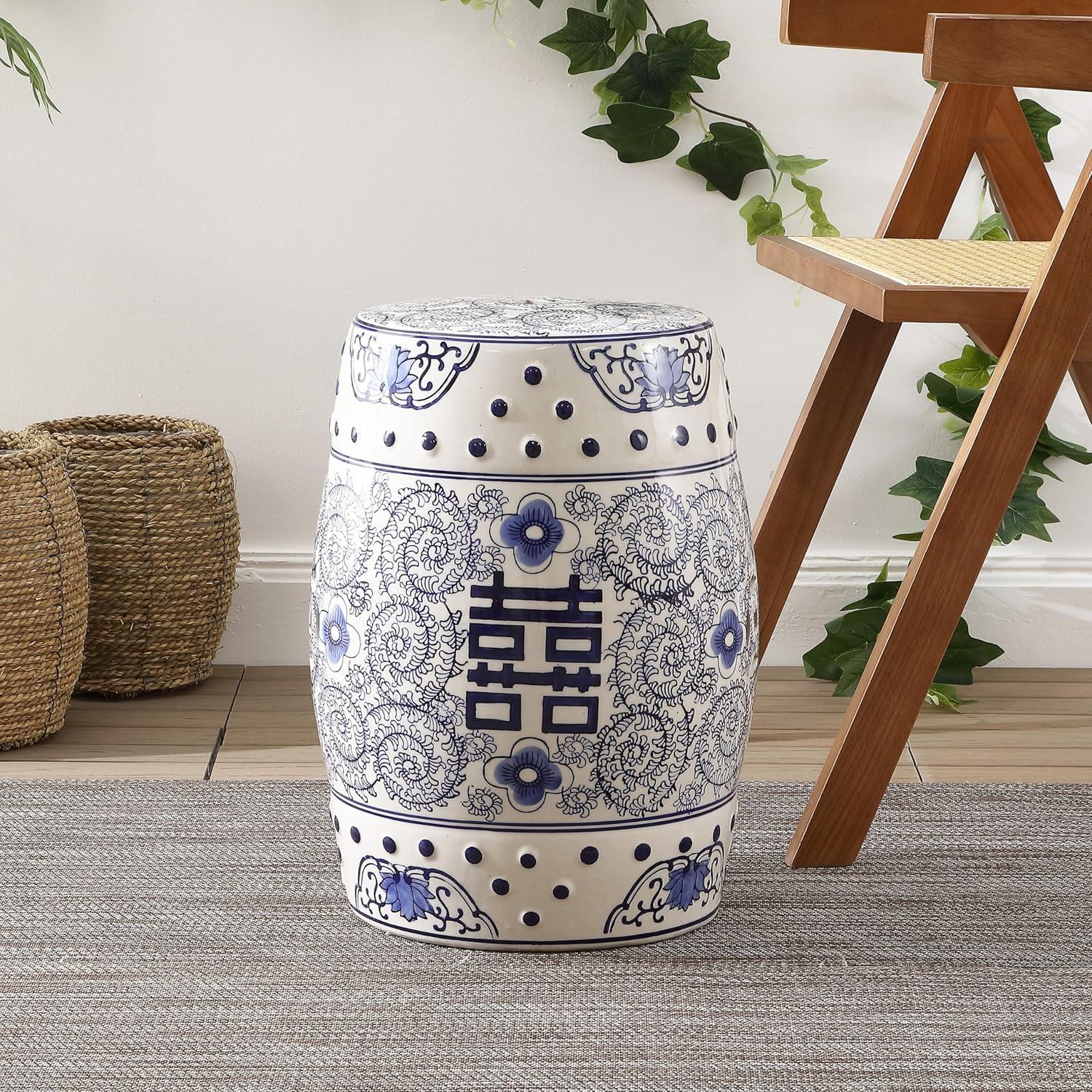 imageJONATHAN Y TBL1013A Double Happiness 18quot Chinoiserie Ceramic Drum IndoorOutdoor Garden Stool Bohemian Coastal Classic Cottage French Country Traditional Bathroom Garden Room Patio BlueWhite