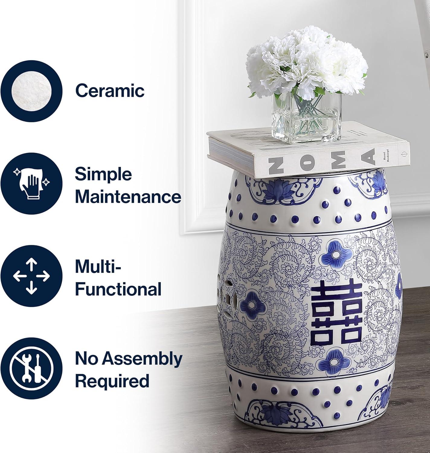 imageJONATHAN Y TBL1013A Double Happiness 18quot Chinoiserie Ceramic Drum IndoorOutdoor Garden Stool Bohemian Coastal Classic Cottage French Country Traditional Bathroom Garden Room Patio BlueWhite