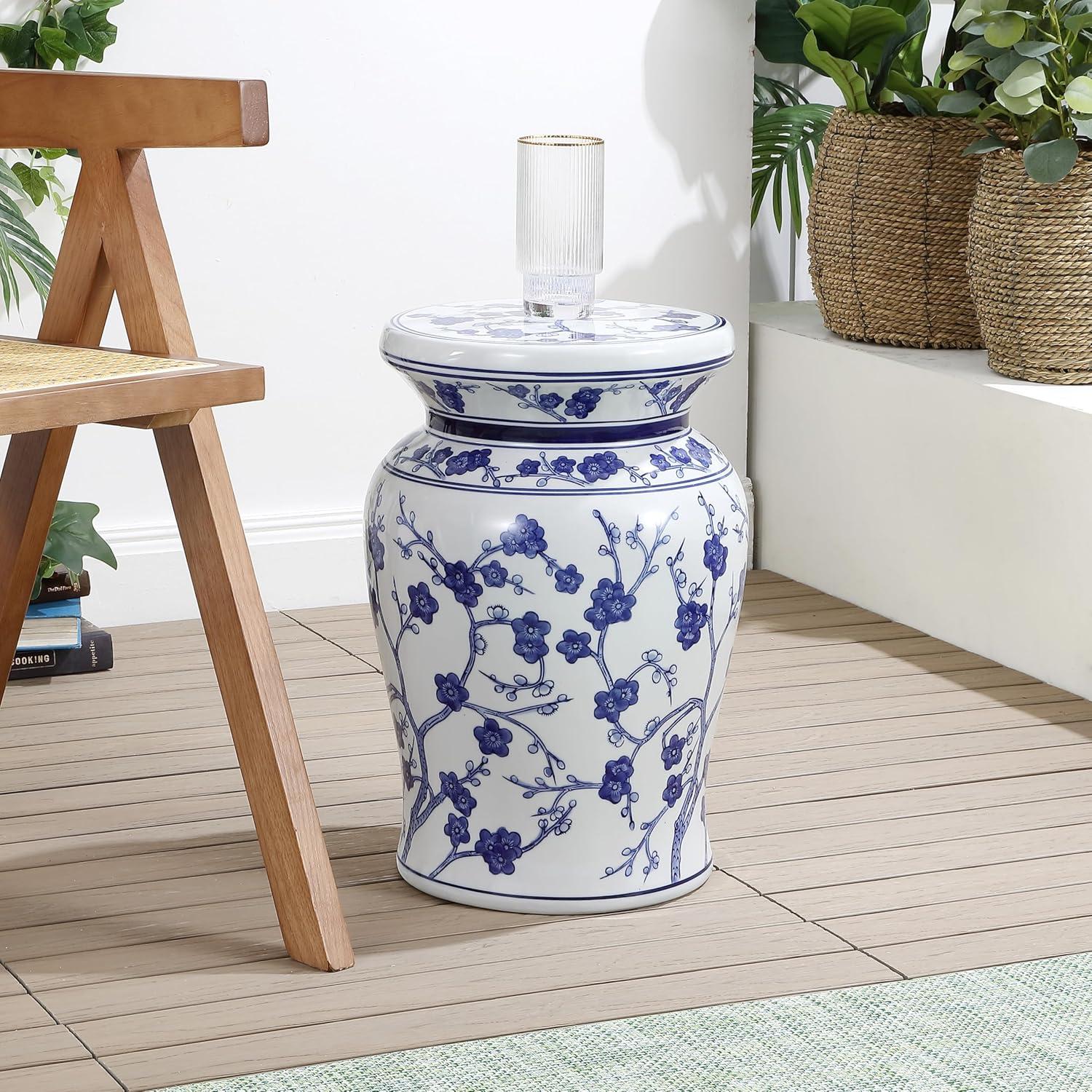 imageJONATHAN Y TBL1016A Cherry Blossom 177quot Ceramic IndoorOutdoor Garden Stool Coastal Contemporary Chinese Porcelain Side Table Plant Stand SpillProof Living Room Garden RoomPatio WhiteBlueWhiteBlue