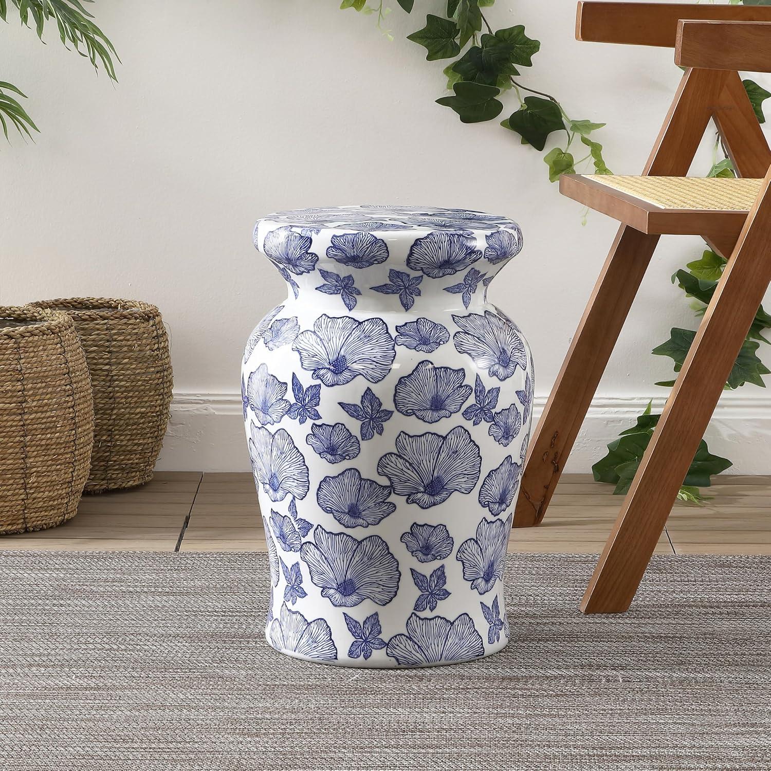 imageJONATHAN Y TBL1018A Poppies 177quot Ceramic IndoorOutdoor Garden Stool Stylized Flower Design Coastal Contemporary Modern Side Table Plant Stand Living Room Garden Room Patio WhiteBlue