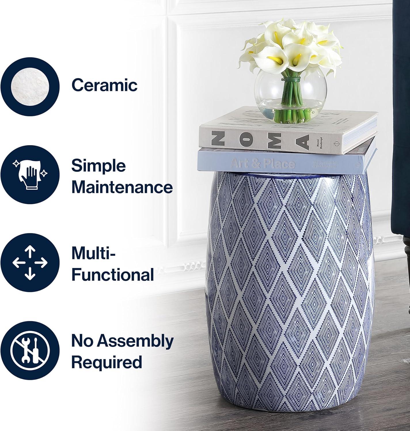 imageJONATHAN Y TBL1019A Moroccan Diamonds 18quot Ceramic Drum IndoorOutdoor Garden Stool Coastal Contemporary Side Table Plant Stand SpillProof Living Room Garden Room Patio BlueWhiteBlueWhite