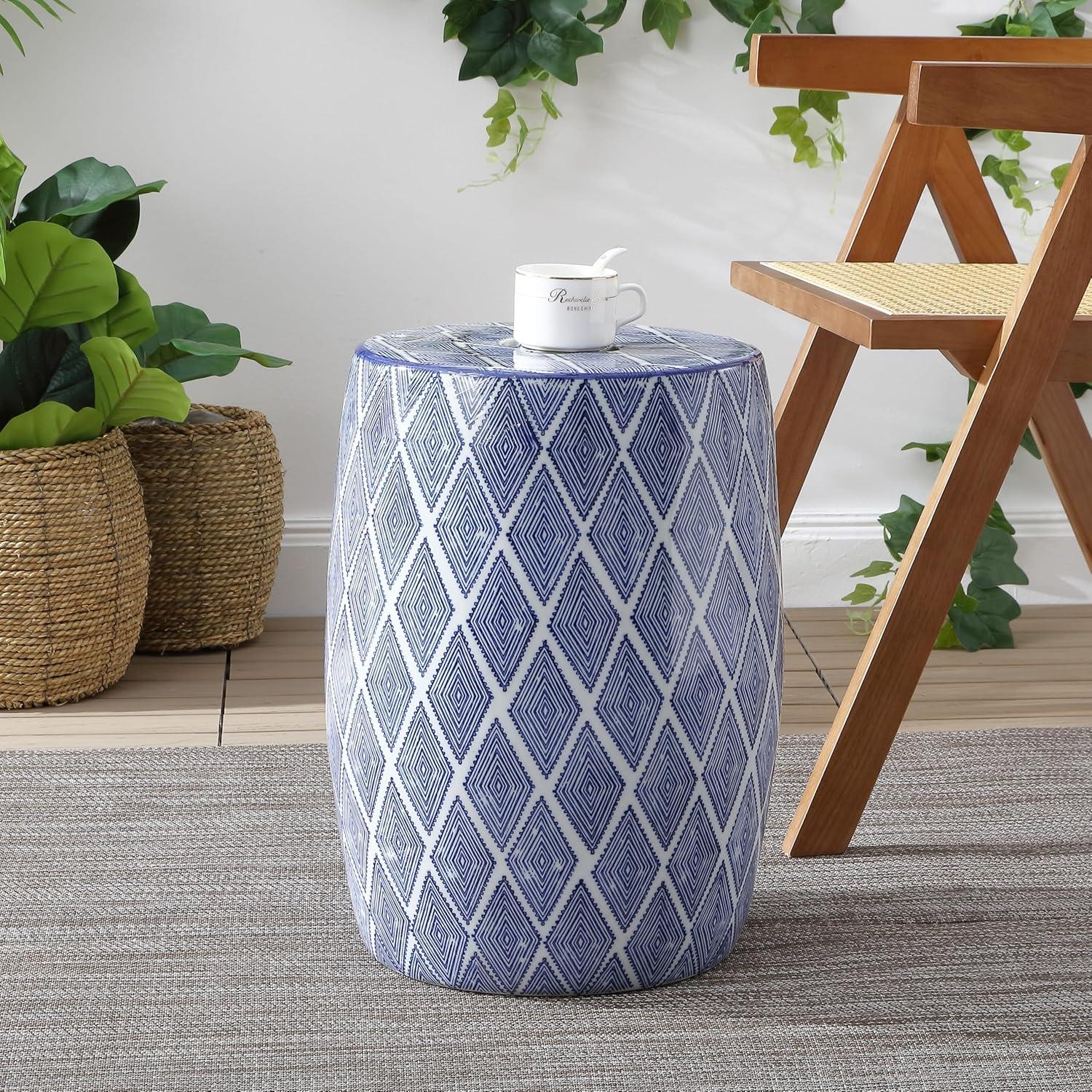 imageJONATHAN Y TBL1019A Moroccan Diamonds 18quot Ceramic Drum IndoorOutdoor Garden Stool Coastal Contemporary Side Table Plant Stand SpillProof Living Room Garden Room Patio BlueWhiteBlueWhite