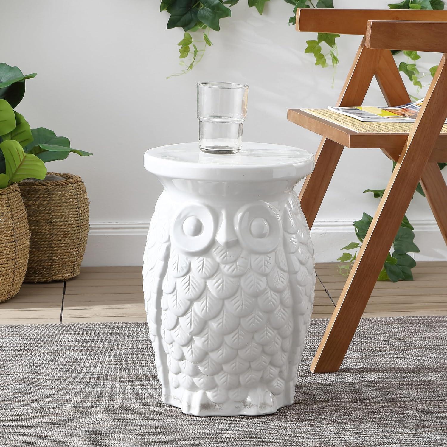 imageJONATHAN Y TBL1023A Groovy Owl 175quot Ceramic IndoorOutdoor Garden Stool Traditional Cottage Classic Bohemian Side Table Plant Stand SpillProof Living Room Garden Room Patio White