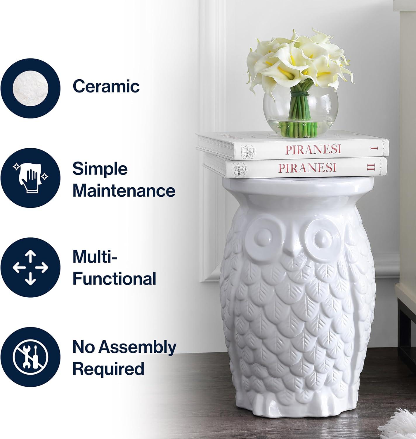 imageJONATHAN Y TBL1023A Groovy Owl 175quot Ceramic IndoorOutdoor Garden Stool Traditional Cottage Classic Bohemian Side Table Plant Stand SpillProof Living Room Garden Room Patio White