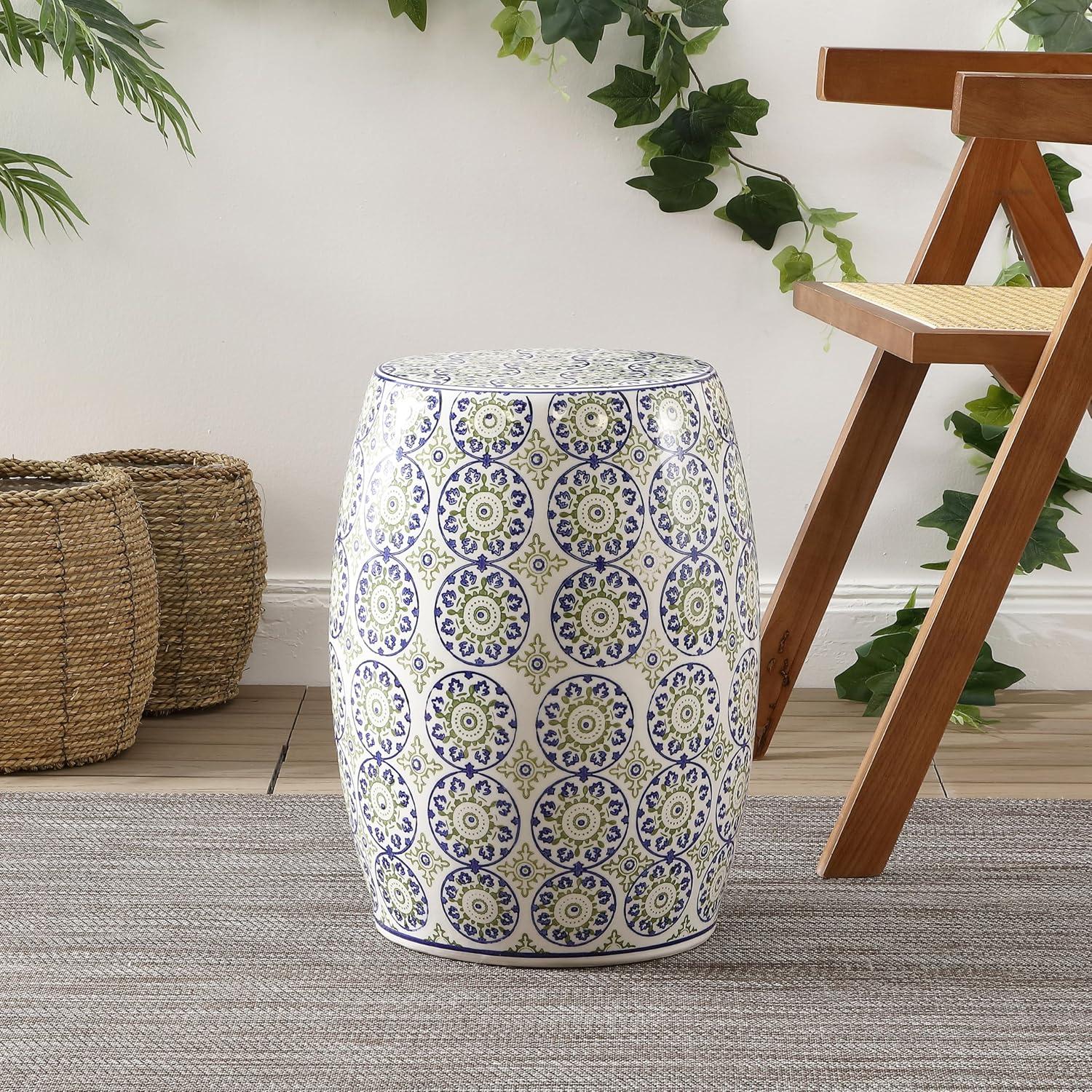 imageJONATHAN Y TBL1025A Lula 1725quot Suzani Ceramic IndoorOutdoor Garden Stool BlueGreen Classic Coastal Bohemian Traditional Mediterranean Cottage for Living Room Garden Outdoor Home