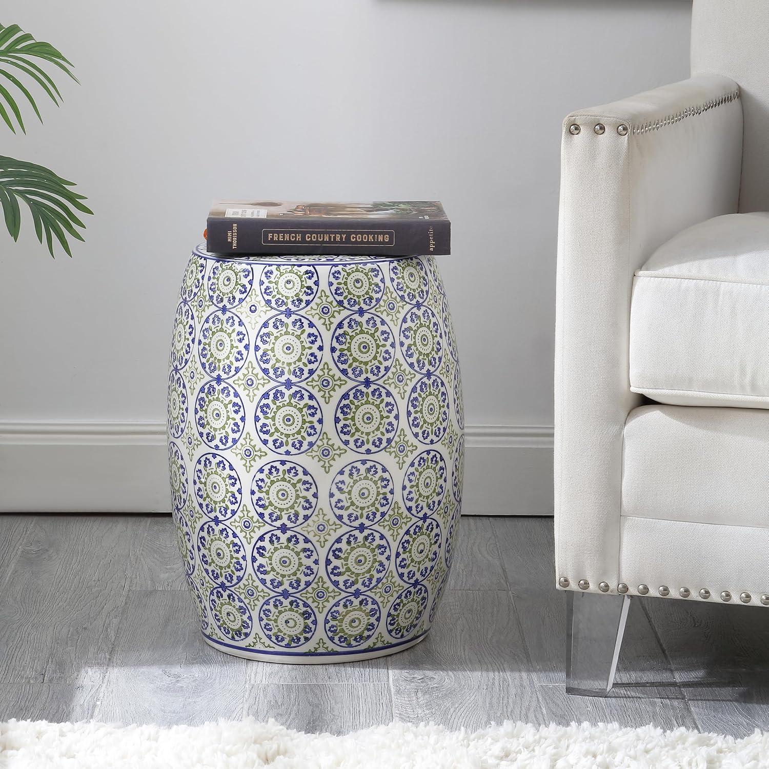 imageJONATHAN Y TBL1025A Lula 1725quot Suzani Ceramic IndoorOutdoor Garden Stool BlueGreen Classic Coastal Bohemian Traditional Mediterranean Cottage for Living Room Garden Outdoor Home