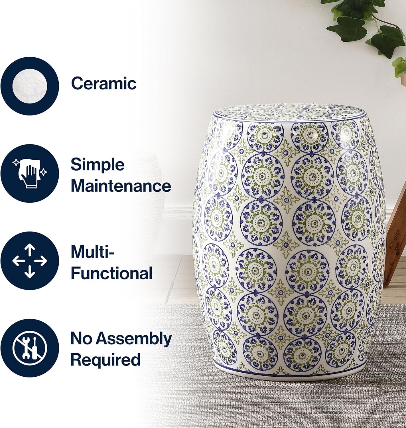 imageJONATHAN Y TBL1025A Lula 1725quot Suzani Ceramic IndoorOutdoor Garden Stool BlueGreen Classic Coastal Bohemian Traditional Mediterranean Cottage for Living Room Garden Outdoor Home