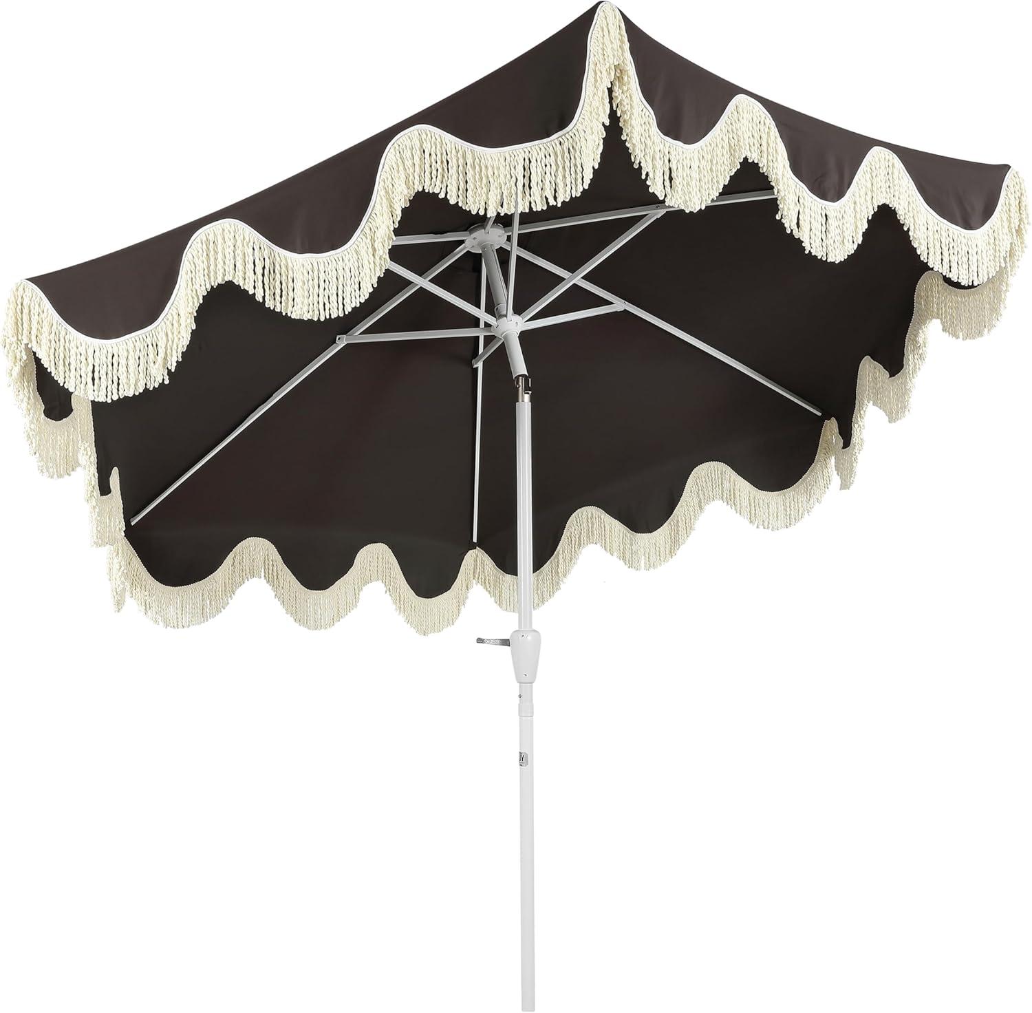 imageJONATHAN Y UMB1001 Collins 9 ft Classic Cottage Tassel Market Patio Umbrella with AutoTilt Crank Wind Vent and UV ProtectionBlackCream
