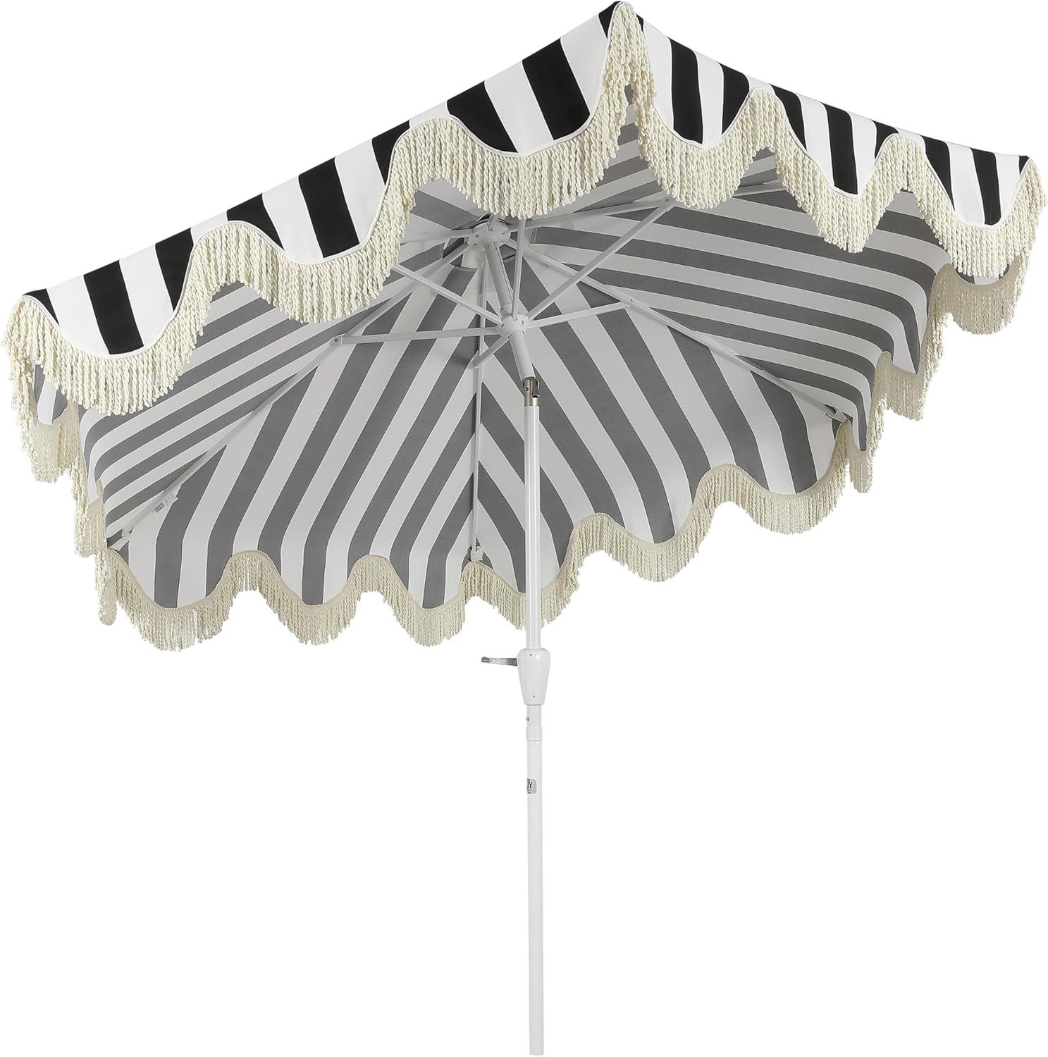 imageJONATHAN Y UMB1001 Collins 9 ft Classic Cottage Tassel Market Patio Umbrella with AutoTilt Crank Wind Vent and UV ProtectionBlackWhiteCream