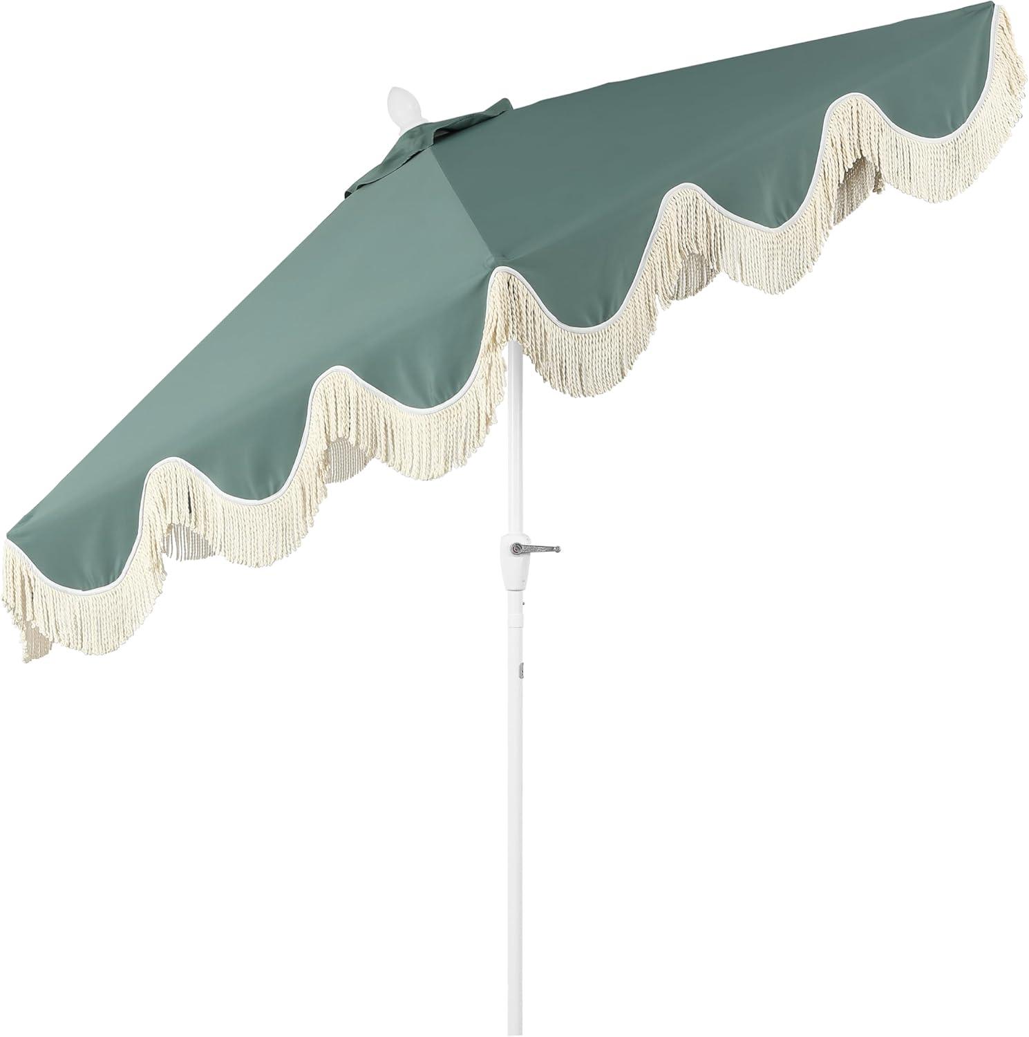 imageJONATHAN Y UMB1001 Collins 9 ft Classic Cottage Tassel Market Patio Umbrella with AutoTilt Crank Wind Vent and UV ProtectionGreen White Pole