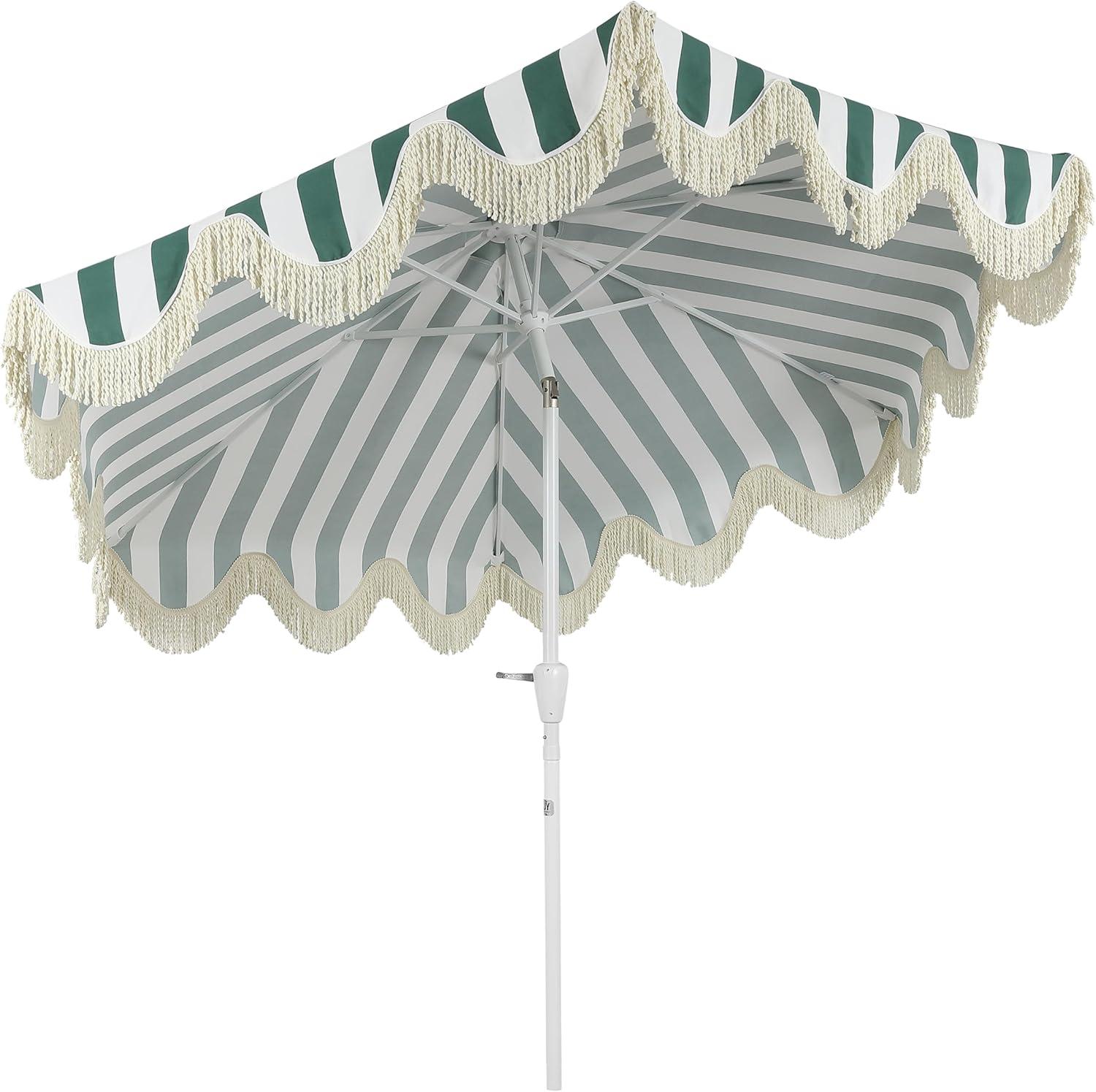 imageJONATHAN Y UMB1001 Collins 9 ft Classic Cottage Tassel Market Patio Umbrella with AutoTilt Crank Wind Vent and UV ProtectionGreenWhiteCream