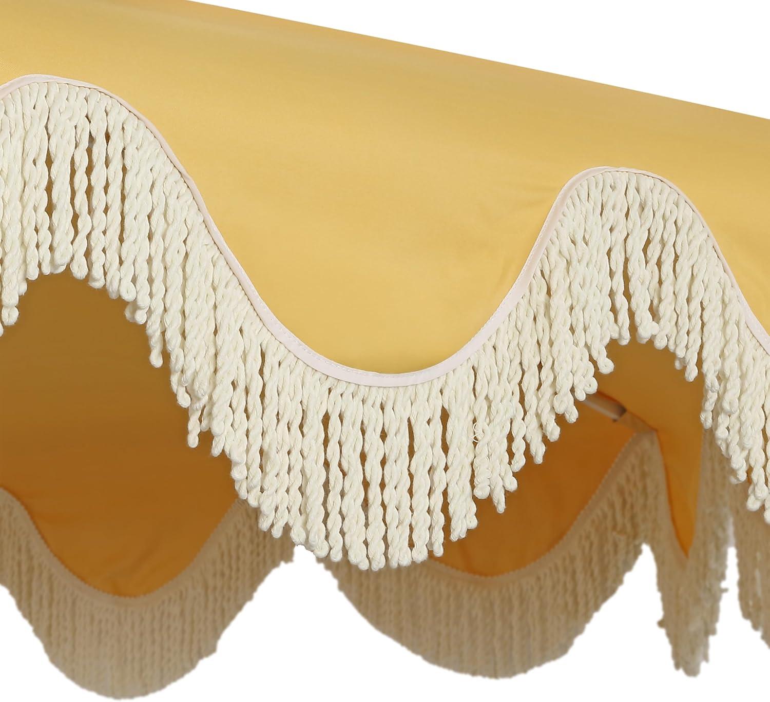 imageJONATHAN Y UMB1001 Collins 9 ft Classic Cottage Tassel Market Patio Umbrella with AutoTilt Crank Wind Vent and UV ProtectionMustard YellowCream