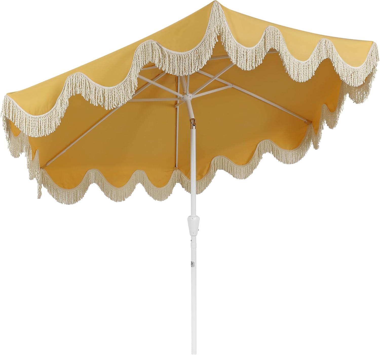 imageJONATHAN Y UMB1001 Collins 9 ft Classic Cottage Tassel Market Patio Umbrella with AutoTilt Crank Wind Vent and UV ProtectionMustard YellowCream