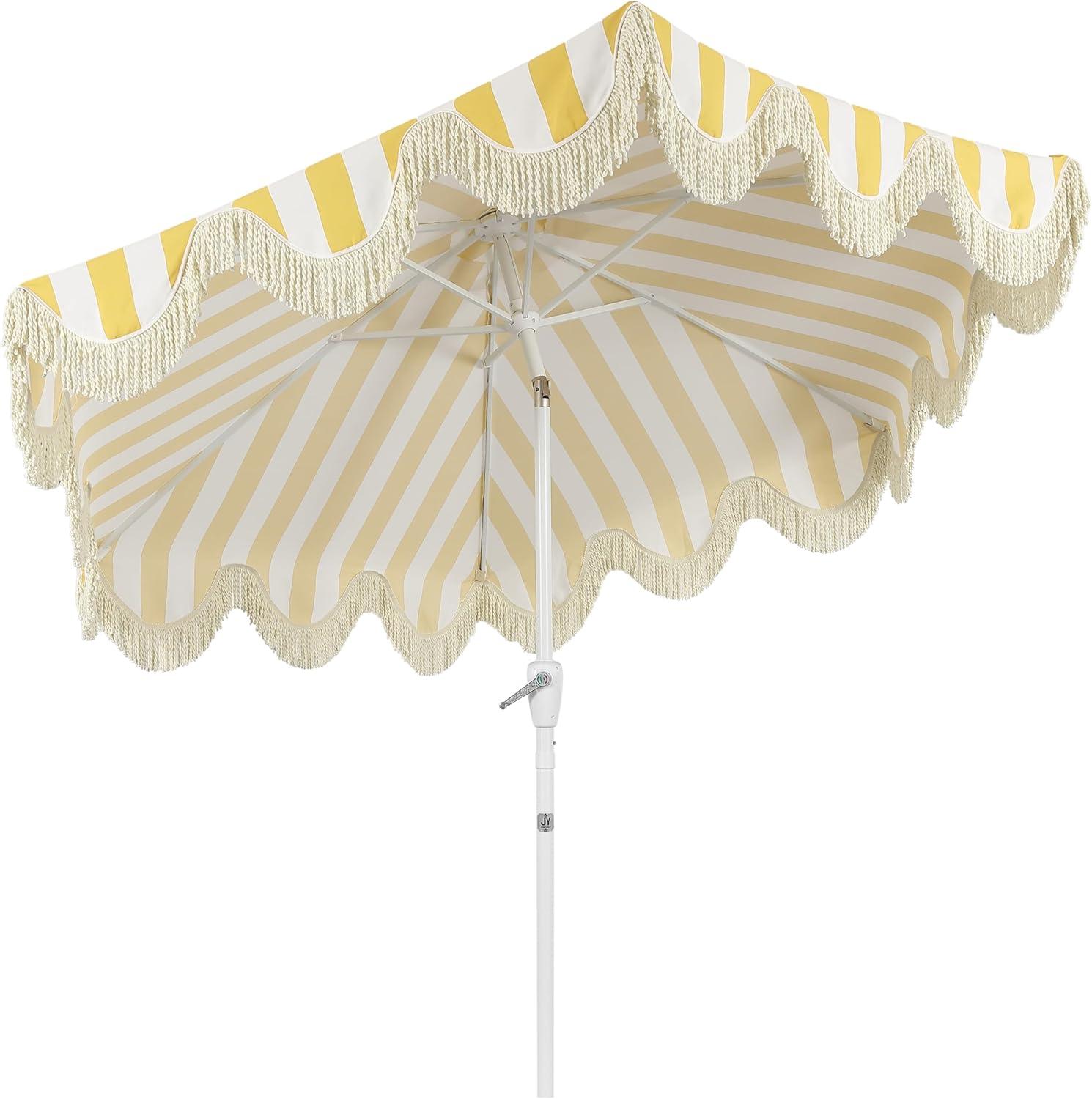 imageJONATHAN Y UMB1001 Collins 9 ft Classic Cottage Tassel Market Patio Umbrella with AutoTilt Crank Wind Vent and UV ProtectionMustard YellowWhiteCream