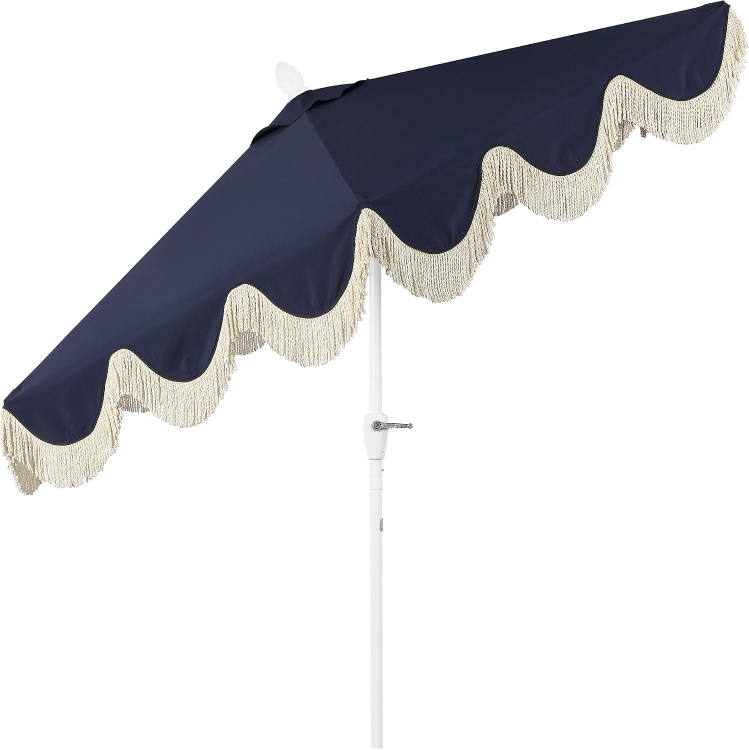 imageJONATHAN Y UMB1001 Collins 9 ft Classic Cottage Tassel Market Patio Umbrella with AutoTilt Crank Wind Vent and UV ProtectionNavy White Pole