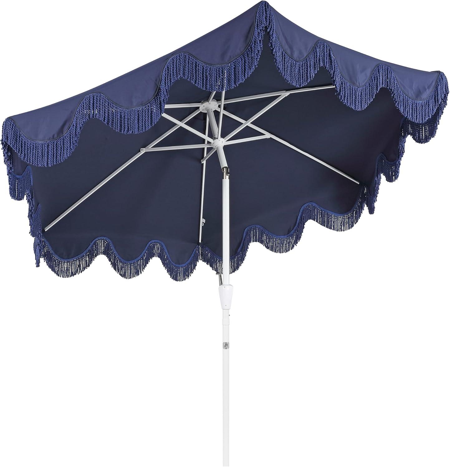 imageJONATHAN Y UMB1001 Collins 9 ft Classic Cottage Tassel Market Patio Umbrella with AutoTilt Crank Wind Vent and UV ProtectionNavyBlue