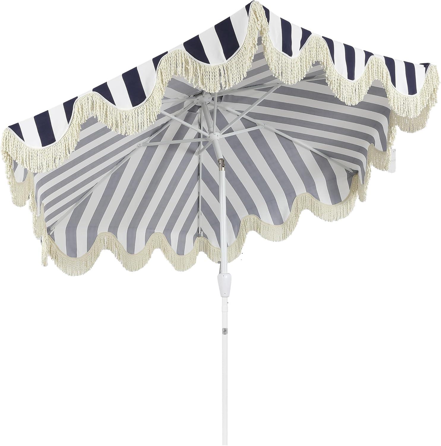 imageJONATHAN Y UMB1001 Collins 9 ft Classic Cottage Tassel Market Patio Umbrella with AutoTilt Crank Wind Vent and UV ProtectionNavyWhiteCream