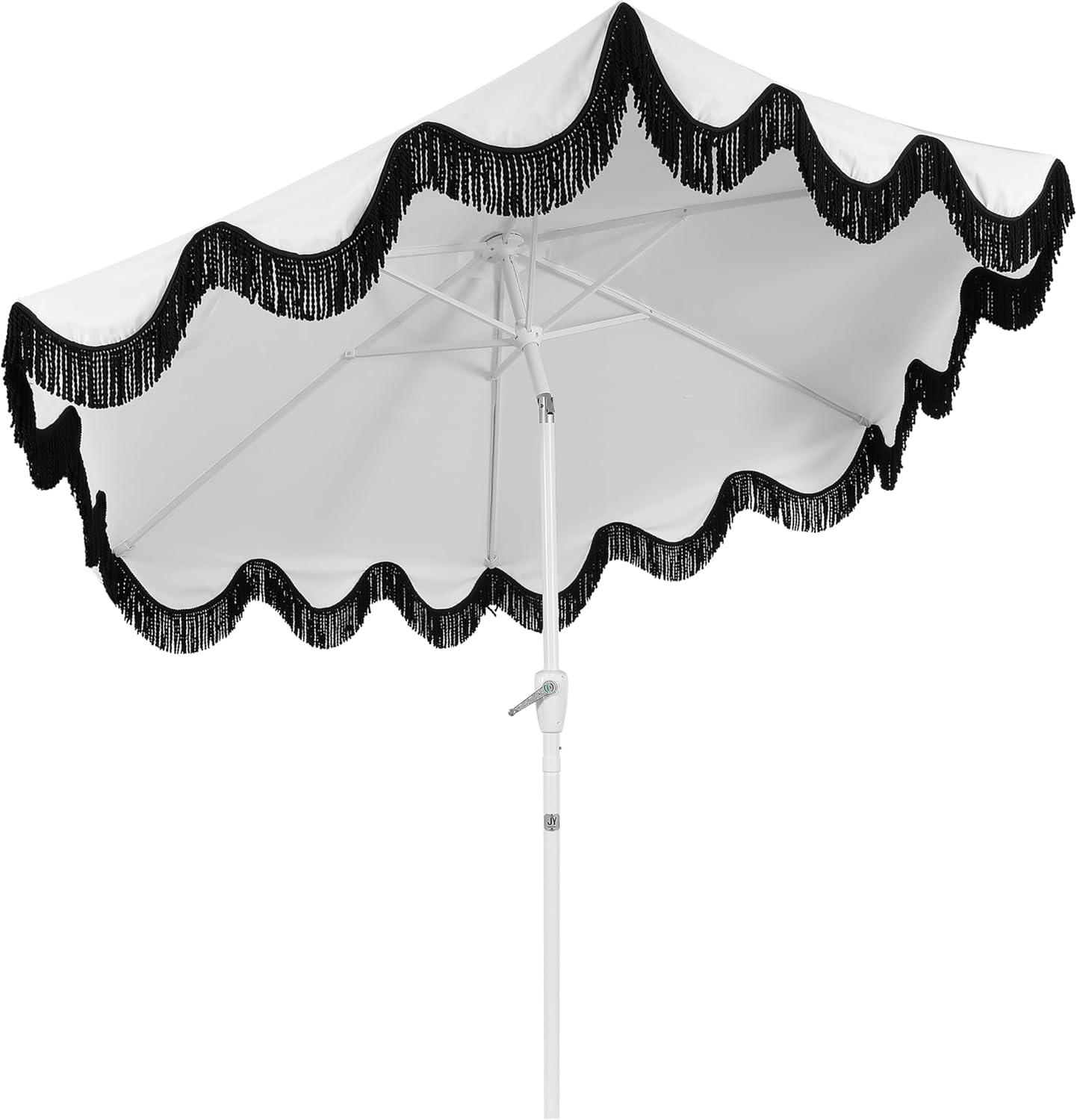 imageJONATHAN Y UMB1001 Collins 9 ft Classic Cottage Tassel Market Patio Umbrella with AutoTilt Crank Wind Vent and UV ProtectionWhiteBlack