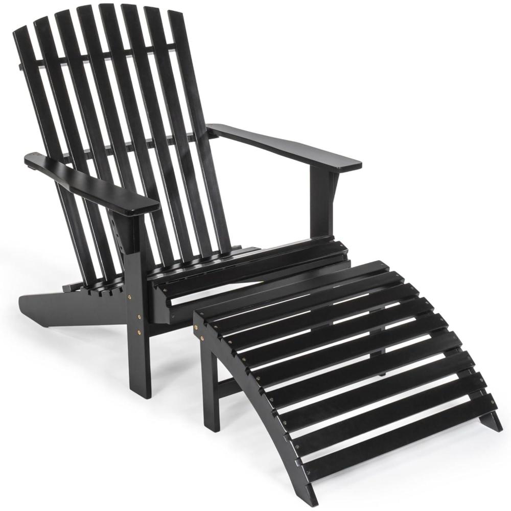 imageJONATHAN Y ADK1000D Saranac 2Piece Traditional Rustic Acacia Wood Adirondack Chair with Detachable Ottoman Classic Coastal Cottage Vintage Farmhouse WhiteBlack