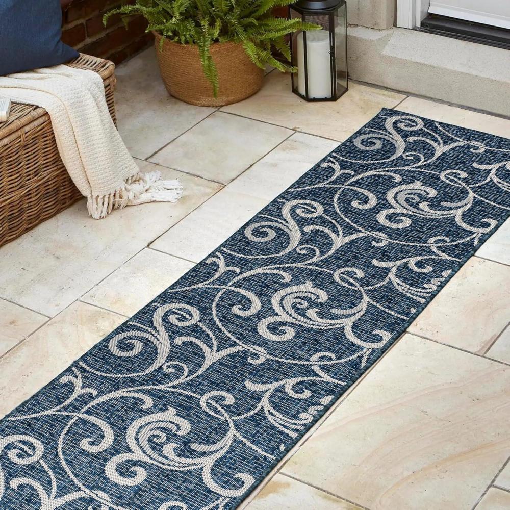 imageJONATHAN Y AllOver Scroll Indoor Outdoor Runner Rug 2X8 TurquoiseCream Maribel Traditional Classic for Backyard Patio Porch EasyCleaning High Traffic PetFriendly NonShedding TSN205E28NavyCream