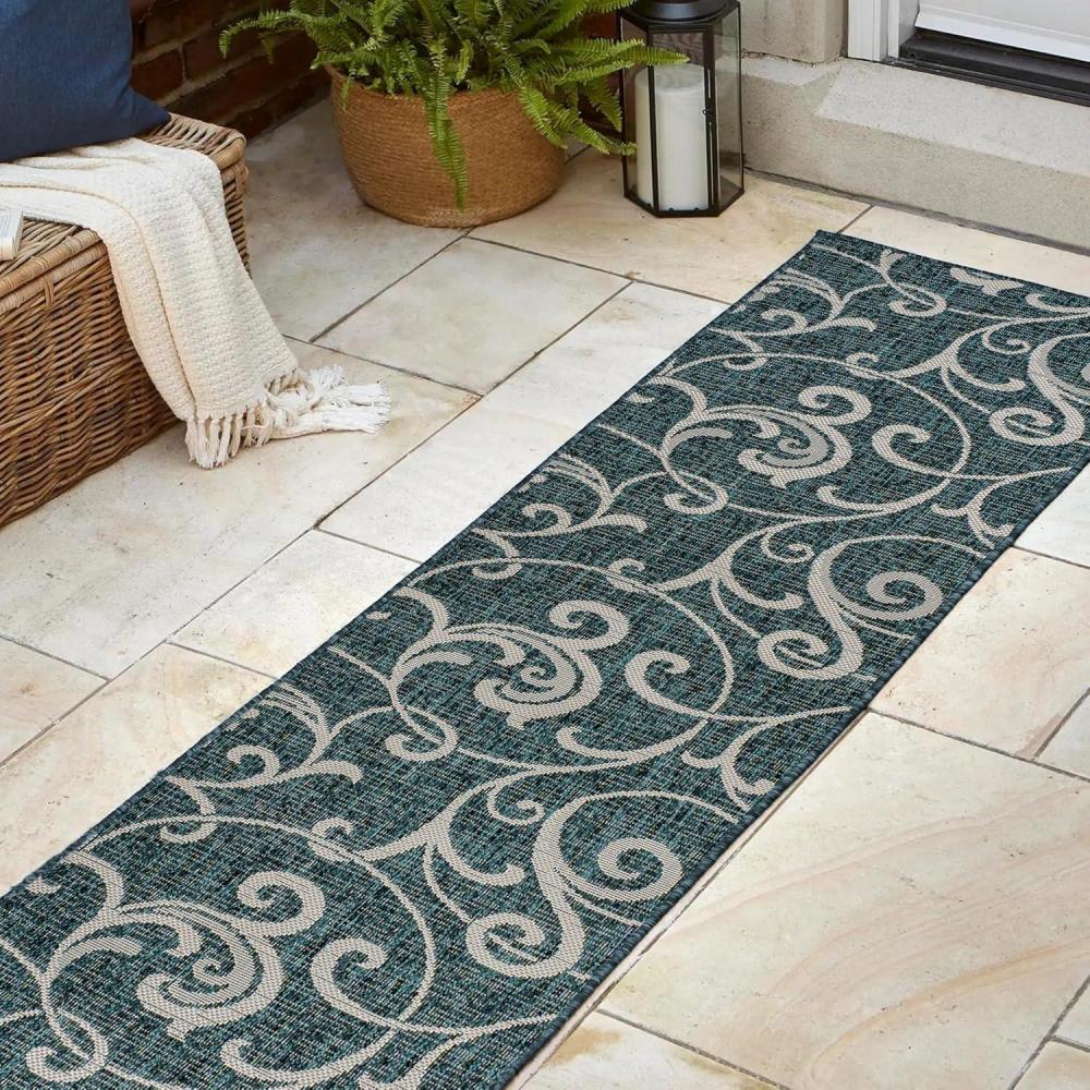 imageJONATHAN Y AllOver Scroll Indoor Outdoor Runner Rug 2X8 TurquoiseCream Maribel Traditional Classic for Backyard Patio Porch EasyCleaning High Traffic PetFriendly NonShedding TSN205E28TurquoiseCream