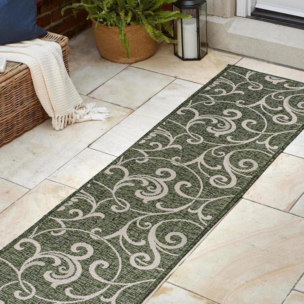 imageJONATHAN Y AllOver Scroll Indoor Outdoor Runner Rug 2X8 TurquoiseCream Maribel Traditional Classic for Backyard Patio Porch EasyCleaning High Traffic PetFriendly NonShedding TSN205E28GreenCream