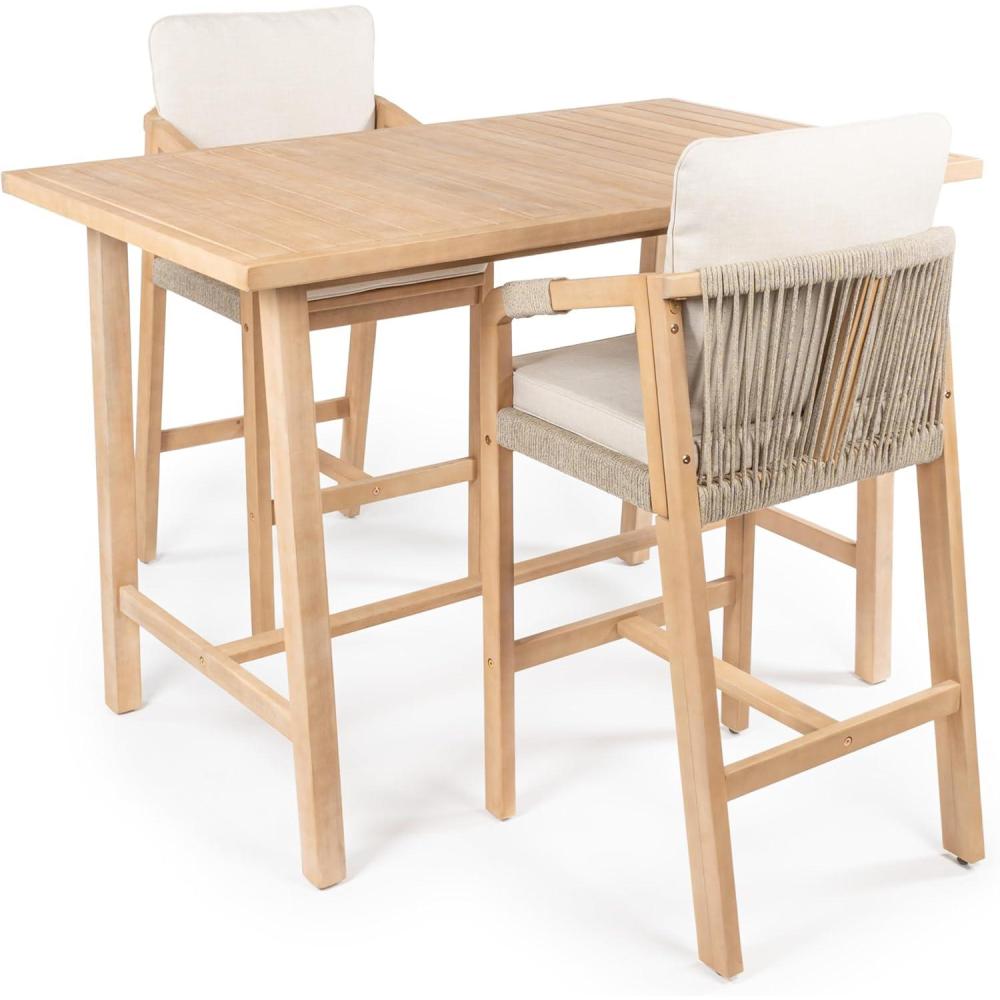 imageJONATHAN Y DNG2000A3SET Porto Modern Coastal 3Piece Acacia Wood Outdoor Bar Set with Cushions Contemporary Transitional Rustic Bohemian Cottage BeigeLight TeakBeigeLight Teak