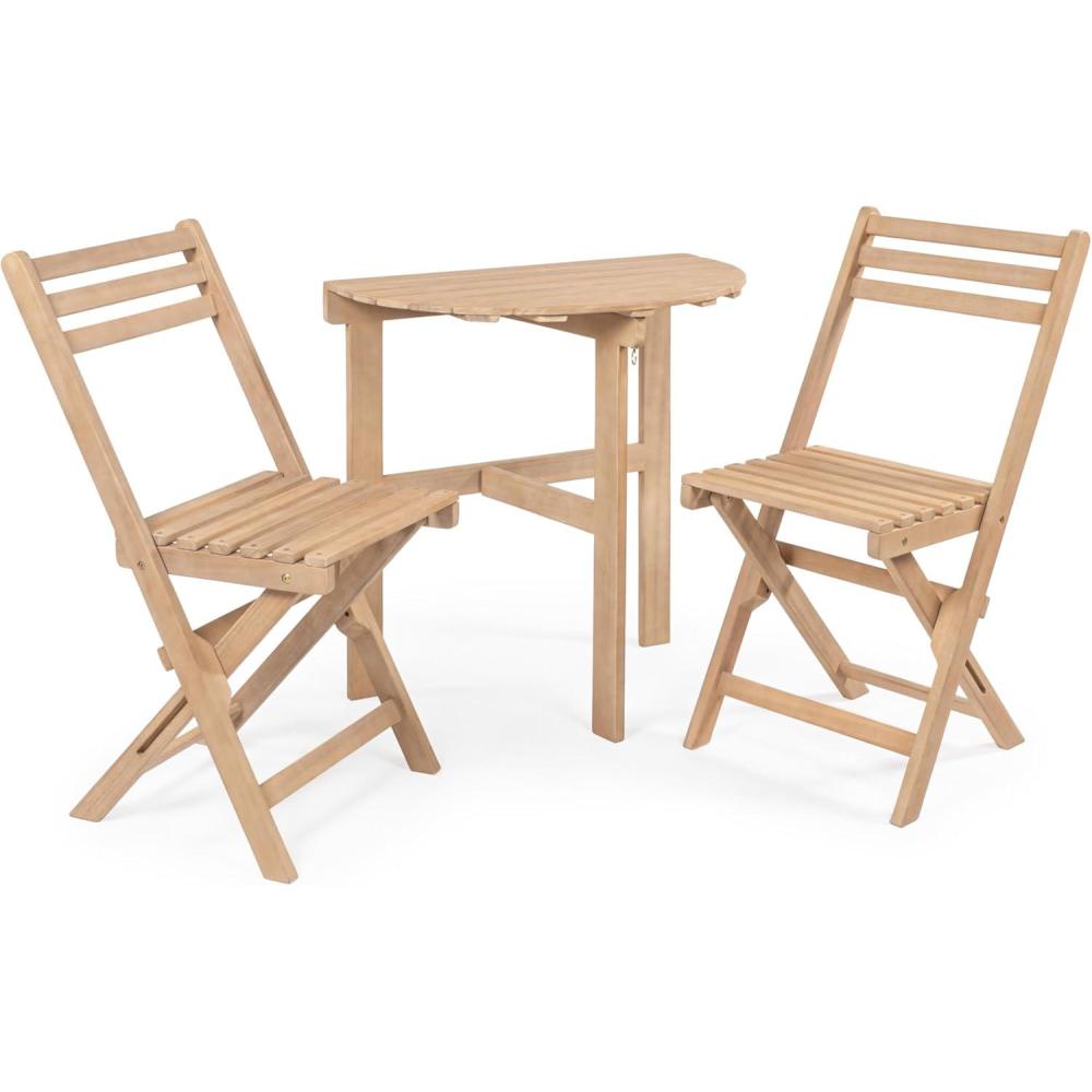 imageJONATHAN Y DNG2002A3SET Cadiz Classic French Country 3Piece Acacia Wood HalfRound Outdoor Folding Bistro Set Coastal Traditional Cottage Transitional Bohemian Light Teak