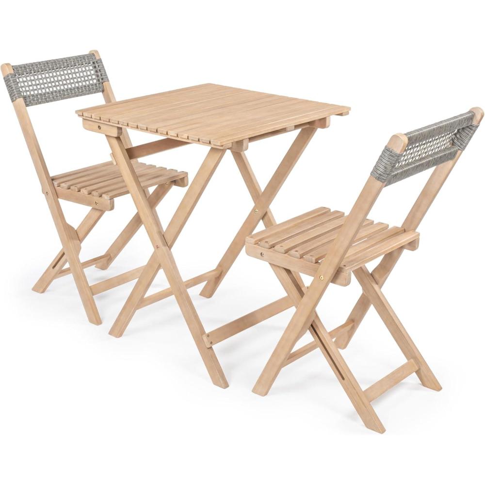 imageJONATHAN Y DNG2004A3SET Sitges Modern MidCentury 3Piece Roped Acacia Wood Outdoor Folding Bistro Set Coastal Traditional Transitional Rustic Bohemian GrayLight Teak